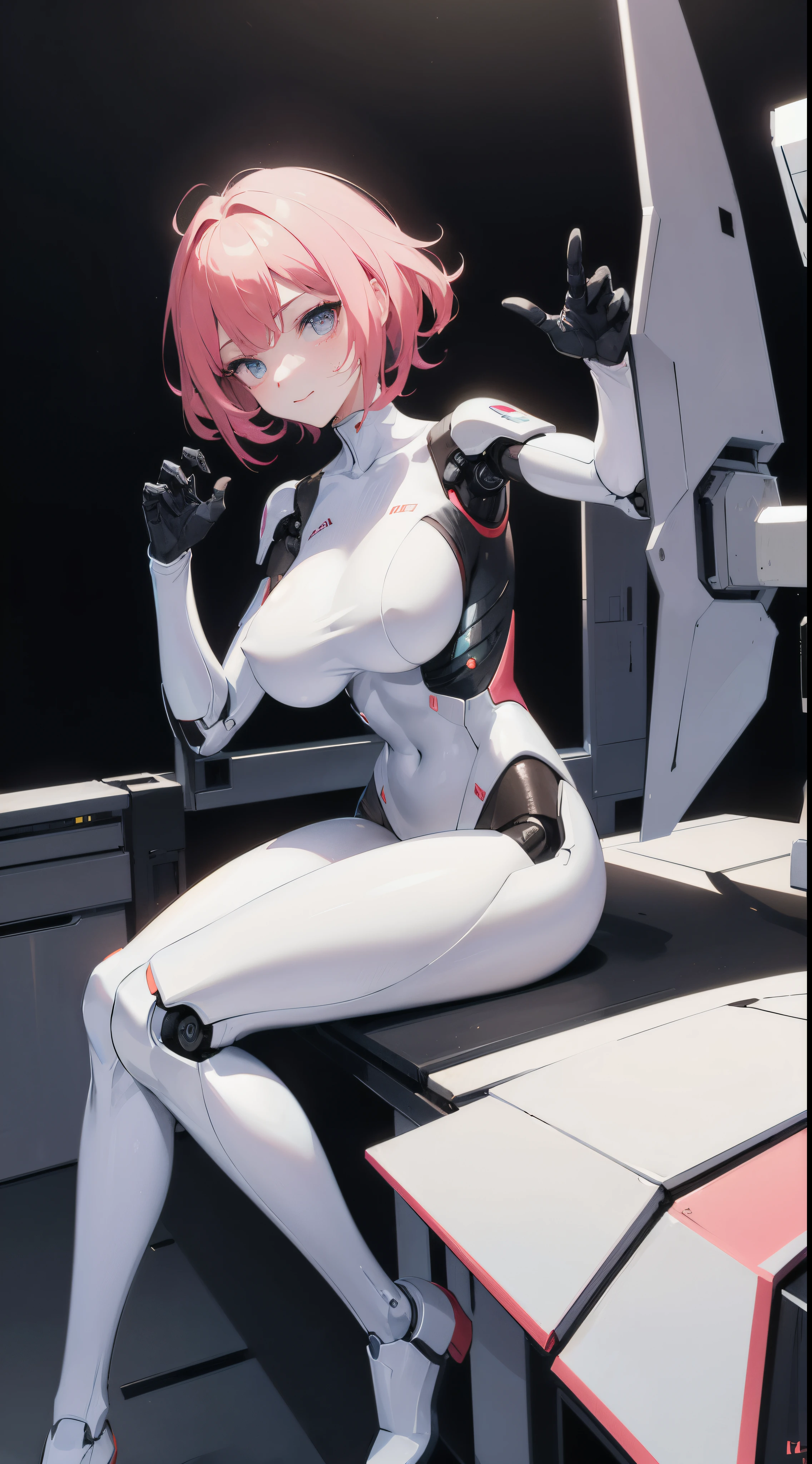 female, perfect body, huge breasts, pink hair, messy hair, freckles, purple eyes, (white bodysuit:1.3), mechanical vertebra, (bare feet:1.2), mechanical joints, skinny, (narrow waist:1.2), makeup, portrait, parted lips, cyberpunk, sitting on the floor, feet, beautiful eyes, large eyes