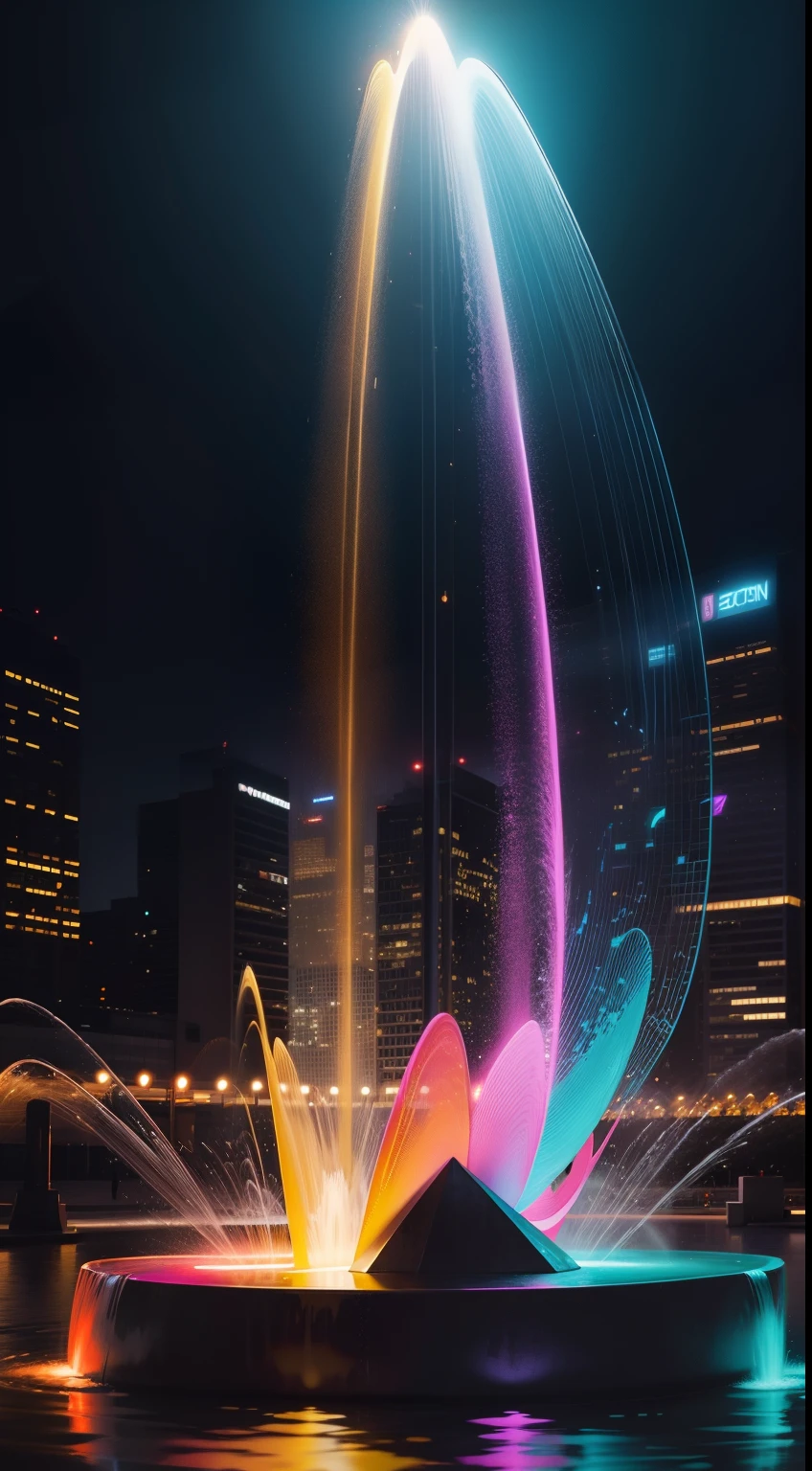 Colorful abstraction，bright，glowing light，A high resolution，sci-fi fountain，Metal statue，line art