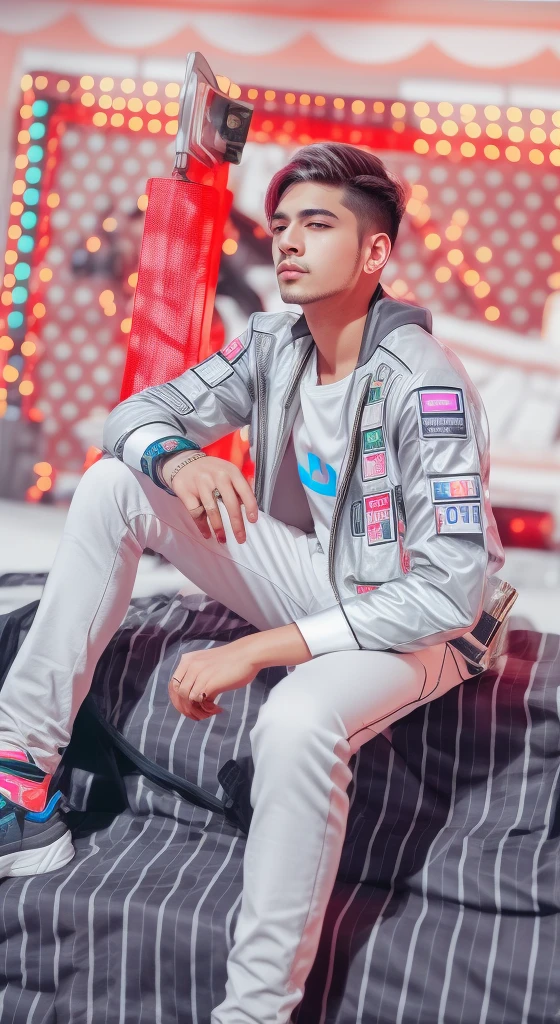 Change background cyberpunk handsome boy , realistic face 8k . Ultra realistic