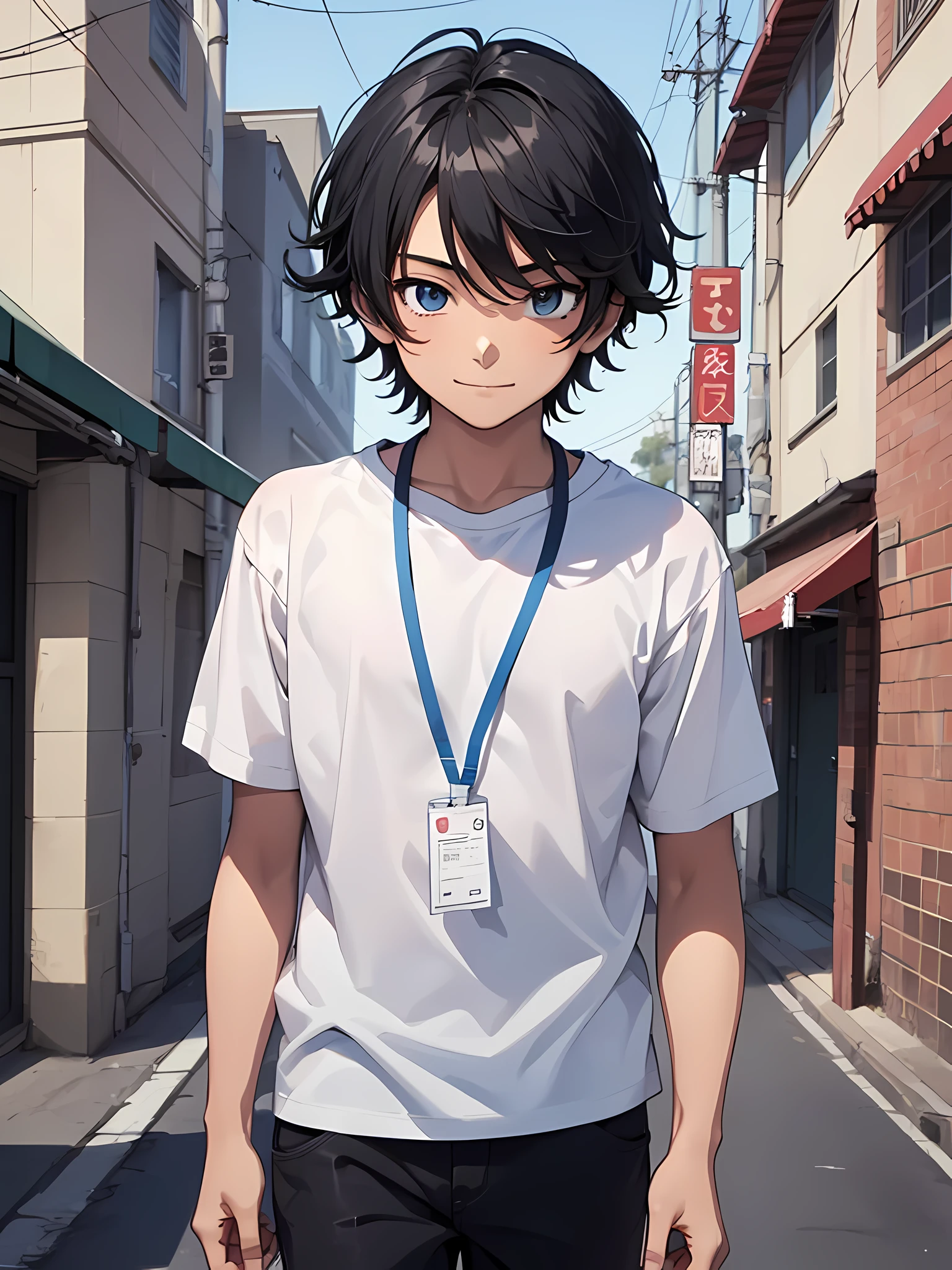 1boy, young male, , black hair, happy, solo, detailed eyes, clear eyes, quality eyes, masterpiece, (UntuckedShirt:1.2), UntuckedShirt, student, White t-shirt, short sleeves, long black pants, wearing blue lanyard, standing, park, school, anime, line art anime