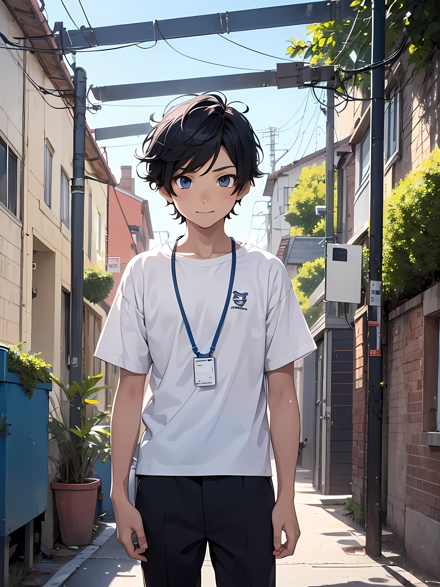 1boy, young male, age 12, black hair, happy, solo, detailed eyes, clear eyes, quality eyes, masterpiece, (UntuckedShirt:1.2), UntuckedShirt, student, White t-shirt, short sleeves, long black pants, wearing blue lanyard, standing, park, school, anime, line art anime