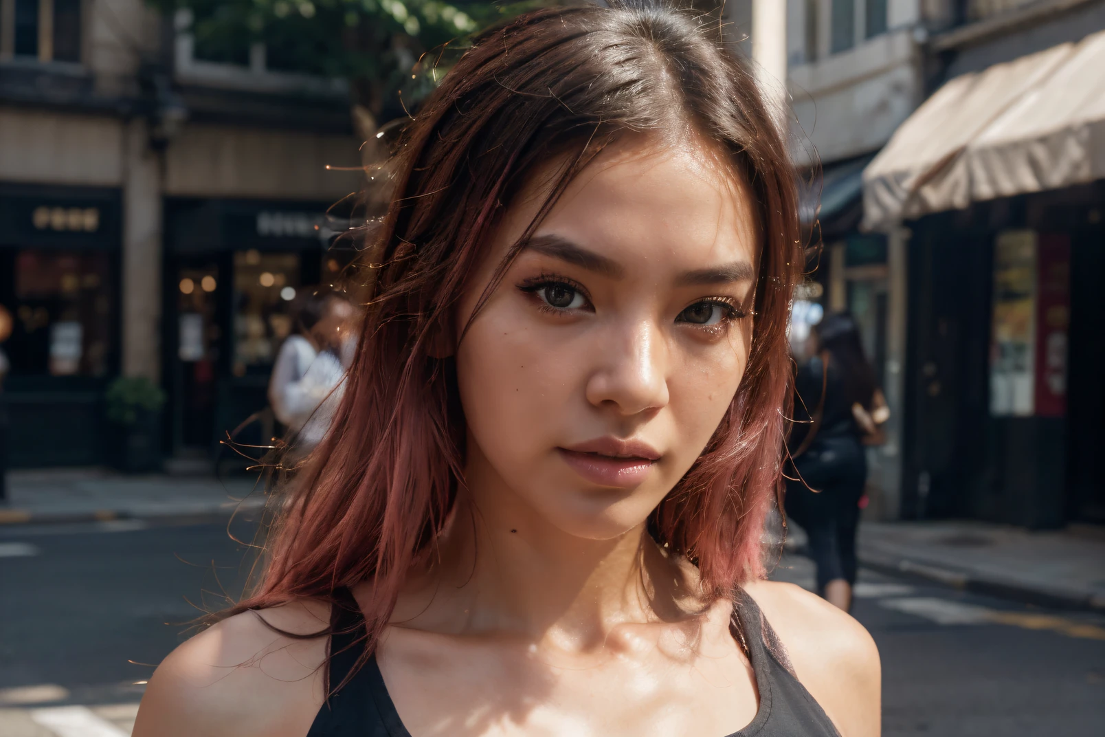 beautiful korean model with pink hair using black tank top, detail face, she have a very bright eyes, realistic face, detail face, realistic skin, skin pore, vibrant, dramatic lighting, 8k resolution picture, high detail on the photo, very realistic picture, dramatic lighting, fullbody, depth, shadow, dramatic shadow, one of a kind photo, sharp photo, sharpness on the detail, looking at viewer, view from front, half body view, (((Best Quality, masutepiece: 1.3)), long hair, ultra high res. photorealistic:.1.4, street background, standing straight to the camera view, cinematic lighting, bloom, film grain, Fujicolor, high quality, masterpiece, 8K, UHD, UHD, retina, textured skin, super detail, high details, highres, 16k resolution, award winning, high quality, high details, super detail, long hair