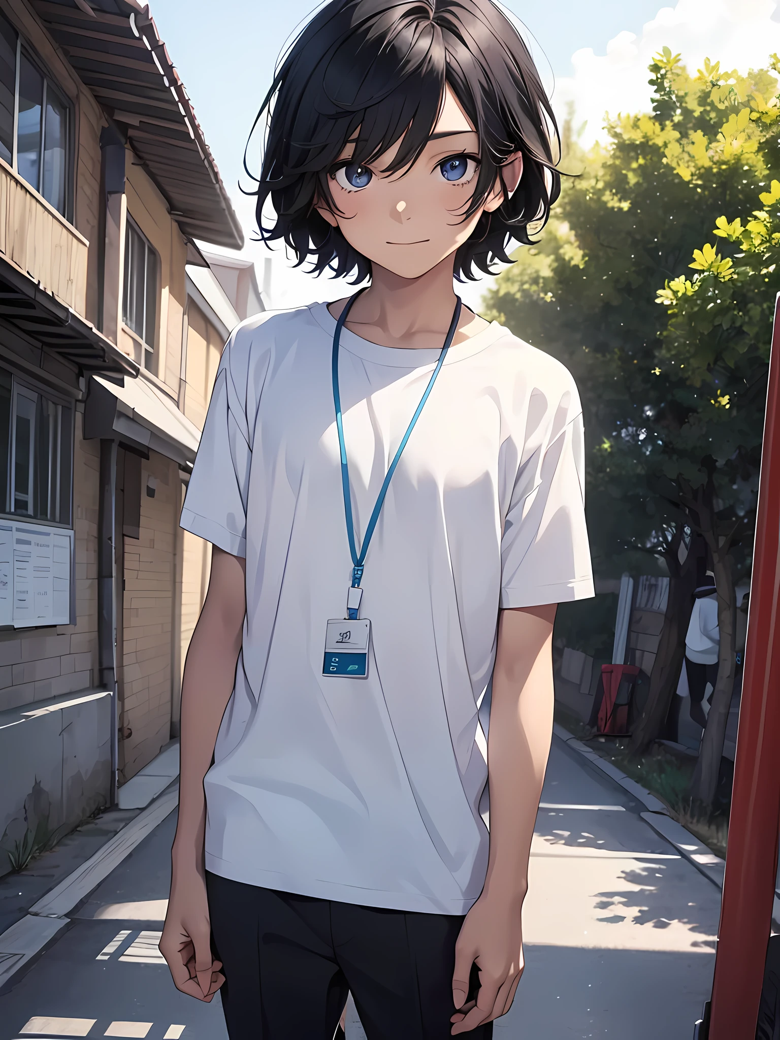 1boy, young male, , black hair, happy, solo, detailed eyes, clear eyes, quality eyes, masterpiece, (UntuckedShirt:1.2), UntuckedShirt, student, White t-shirt, short sleeves, long black pants, wearing blue lanyard, standing, park, school, anime, line art anime