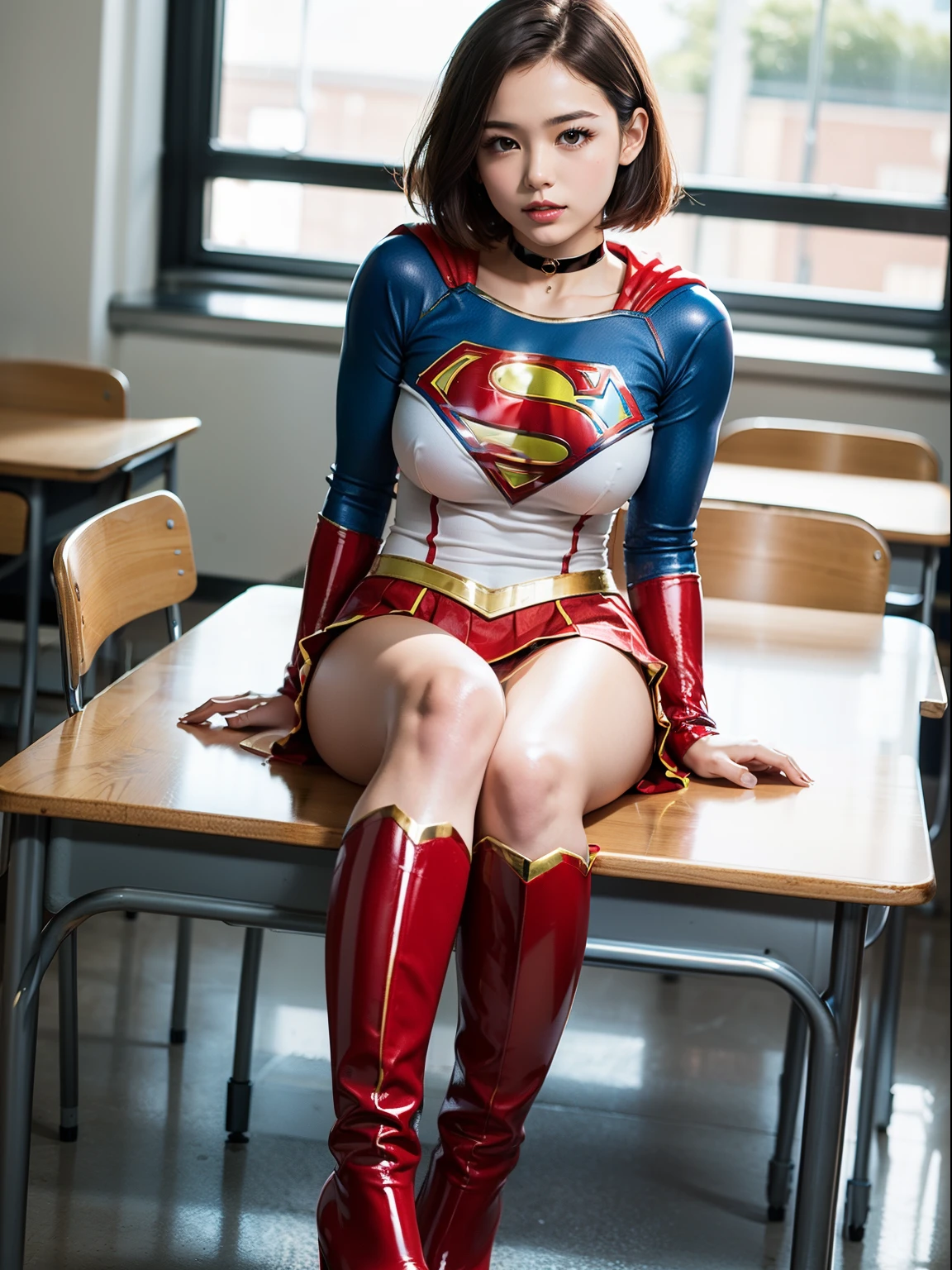 masterpiece,Short-haired Supergirl sitting at school desk with legs spread、large full breasts、Looking at the camera、Glossy enamel costume、Glossy bright red enamel long boots、Shiny red skirt、seduces、a choker、Large open legs