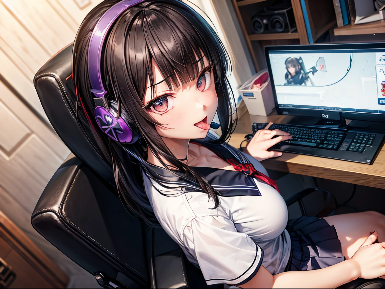 (8K, Best Quality, masutepiece:1.2)、超A high resolution、1 16-year-old female、(((long tongue)))、Detailed fingers、school uniform, short sleeve shirt,、((Recording microphone in front of a woman))、detailed face、deep detailed eyes、naughty face,(sharp eye:1.2),(scowl:1.1)、Black straight hair,blunt bangs、Gaming Keyboard,(gaming headphone),Sitting in a gaming chair、shoot from above、Big、独奏、messy room