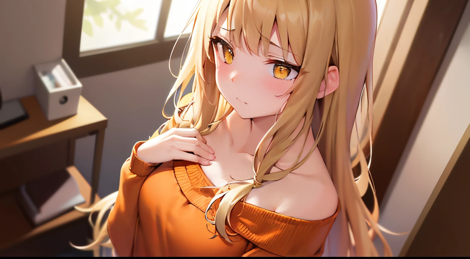 cinematic angle, Angle from above, High angle, ​masterpiece、hightquality、(Blonde long hair, yellow  eyes)、An 18-year-old woman、(Alone:1.5)、(She is wearing an orange off-shoulder long-sleeved blouse.:1.2)、Put your hands on your chest, (Embarrassed expression:1.1)、Bold composition、The background is a room