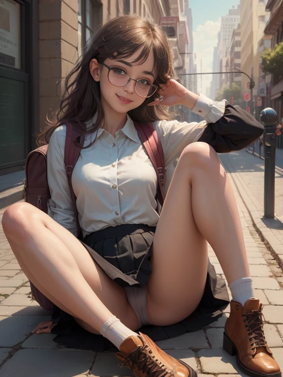 1girl, solo, full body, (masterpiece:1.21), (best quality:1.2), colorful, (illustration:1.2), (cinematic lighting:1.1), (spread legs:1.1),  girl, short skirt, open blouse, smiling, in a City park, backpack on her back, holding a book, glasses