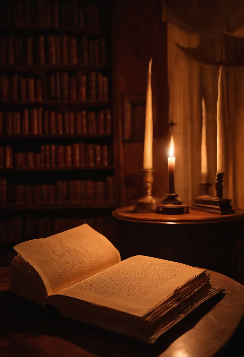 An eerie candlelit room with a stack of Stephen King novels and a quill pen on a parchment,original,Portrayed by Stephen King, the American author, himself, male