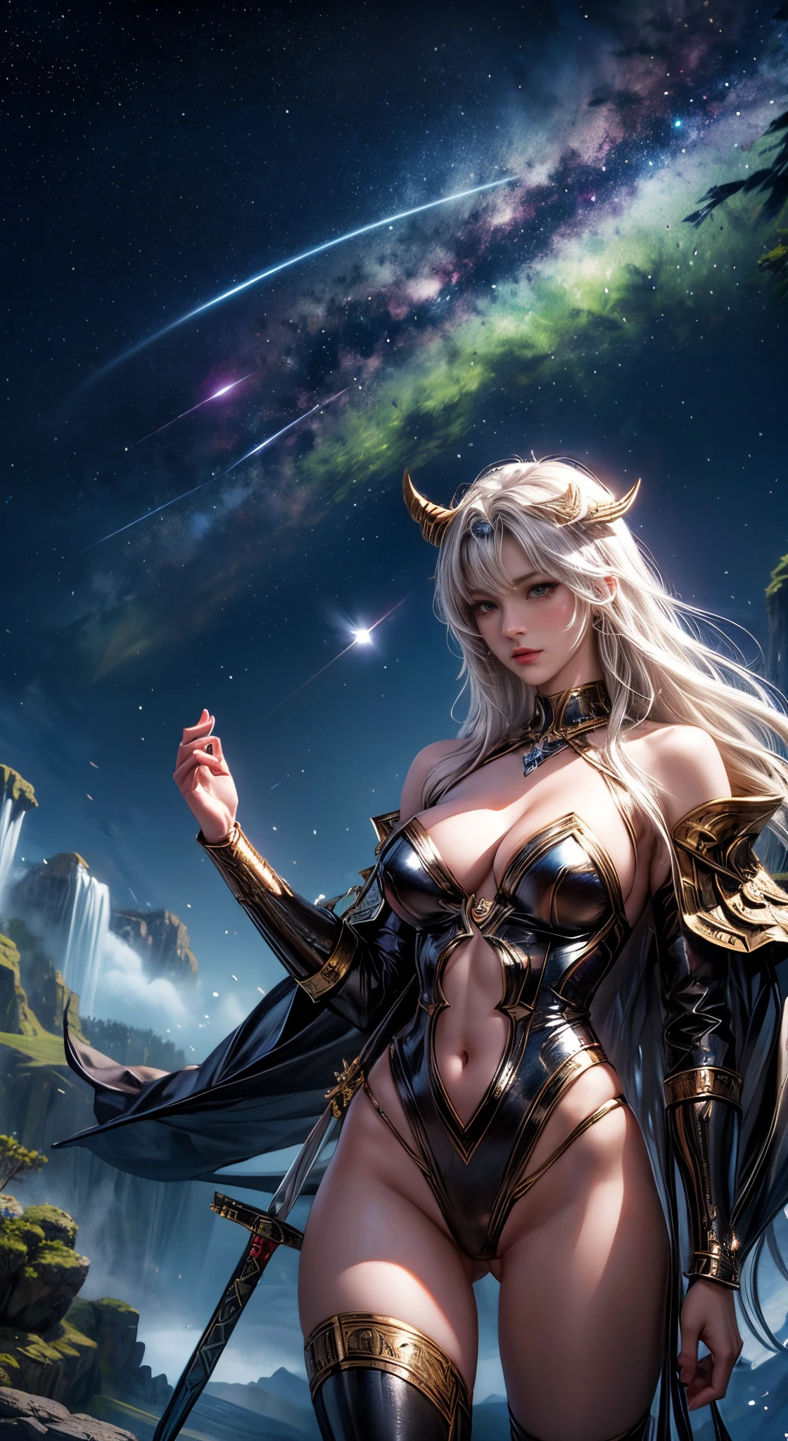 masutepiece、Detailed works、8K、Norse mythology、valkyrie、A MILF、maidennurse、pose of determination、Fight with the sword、Polaris、constellation、prosperity、Meteor、star protection、The world of Norse mythology、Fantasia、Fantastical、Mystical