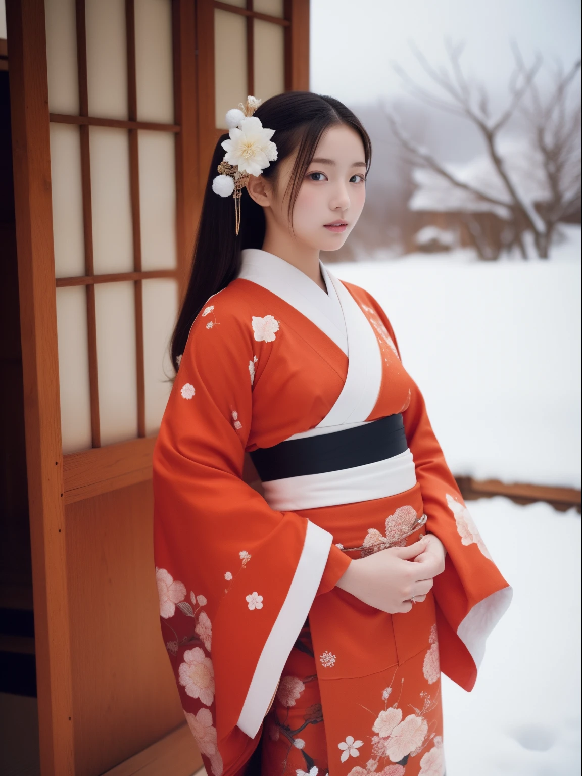 one beautiful women、 、FULL BODYSHOT、Japan kimono、snowscape、NSFW