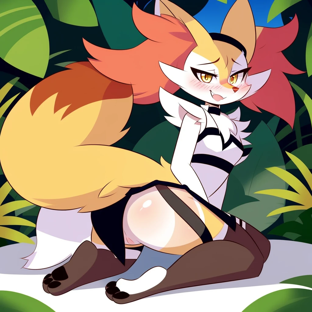 By Kilinah, (Coffeesoda:1.1), Hioshiru, Kilinah, Furry, Braixen, Anthro, Female, Solo, Native, Indigenous, Native Tattoos, Gray Bra, Grey Loincloth, Slave, Red Headband, Pink Hair, Yellow Eyes, Upward Eyes, Kneeling, Blushing, Pleasure Face, Breathless, Butt, Jungle, Native Bedroom, View paws, legs open, view pussy