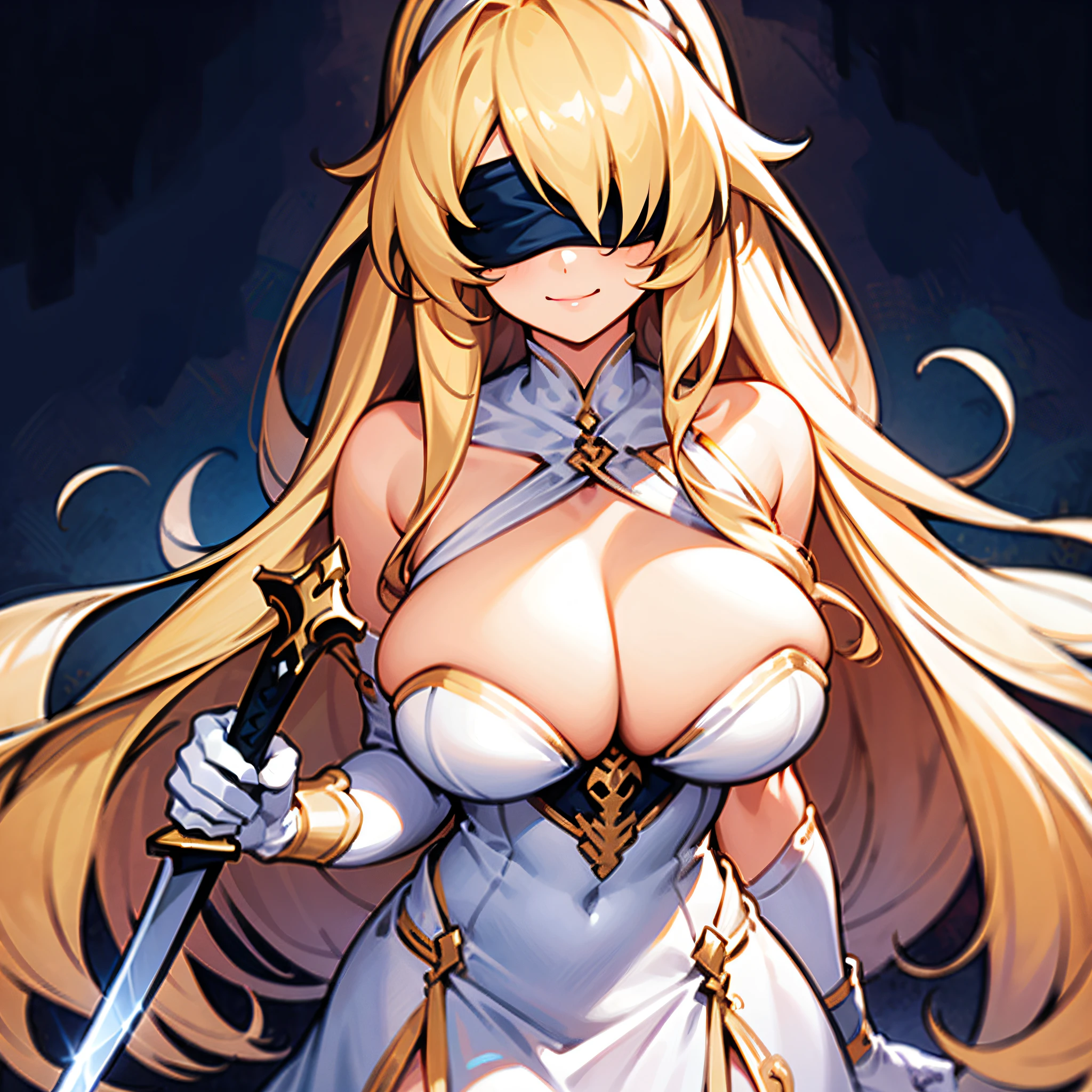1girl, long blonde hair, blindfold, big breast, white evening dress, smile, holding a sword, solo, best quality, masterpiece, portrait, simple background, looking at the camera, from the front, detailed, perfect anatomy, detailed art, high definition, 4k, high resolution