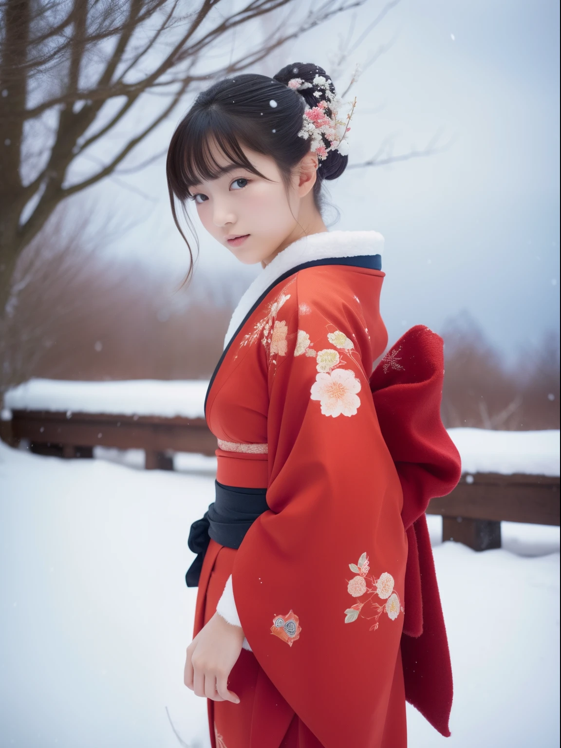 one beautiful women、 、FULL BODYSHOT、Japan kimono、snowscape、NSFW