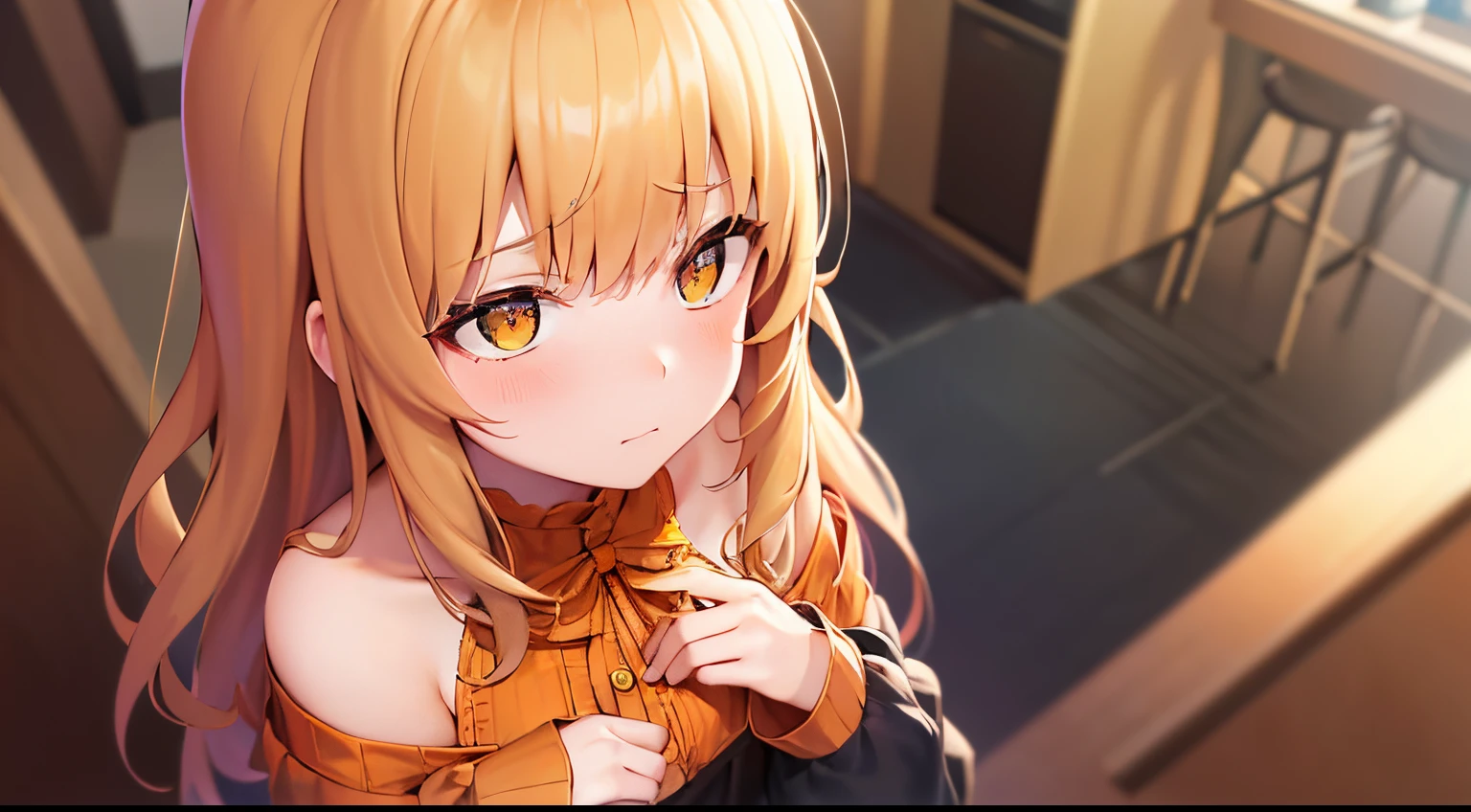 cinematic angle, Angle from above, High angle, masterpiece、hightquality、(Blonde long hair, yellow eyes)、An 18-year-old woman、(Alone:1.5)、(She is wearing an orange off-shoulder long-sleeved blouse.:1.2)、Put your hands on your chest, (Embarrassed expression:1.1)、Bold composition、The background is a room