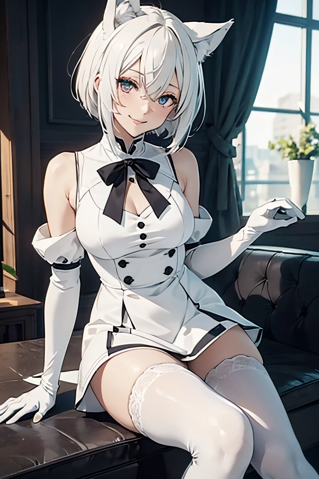 masutepiece high-level image quality Top image quality in 8K adult lady(soio) White Long Gloves((blanche)(Long gloves)) white stockings((blanche)(Stockings) White Maid Clothes(Tube Top) Wolf ears shorth hair((short-cut)(White hair)(Habitual hair)(fluffly)) Troubled face(Red cheeks)