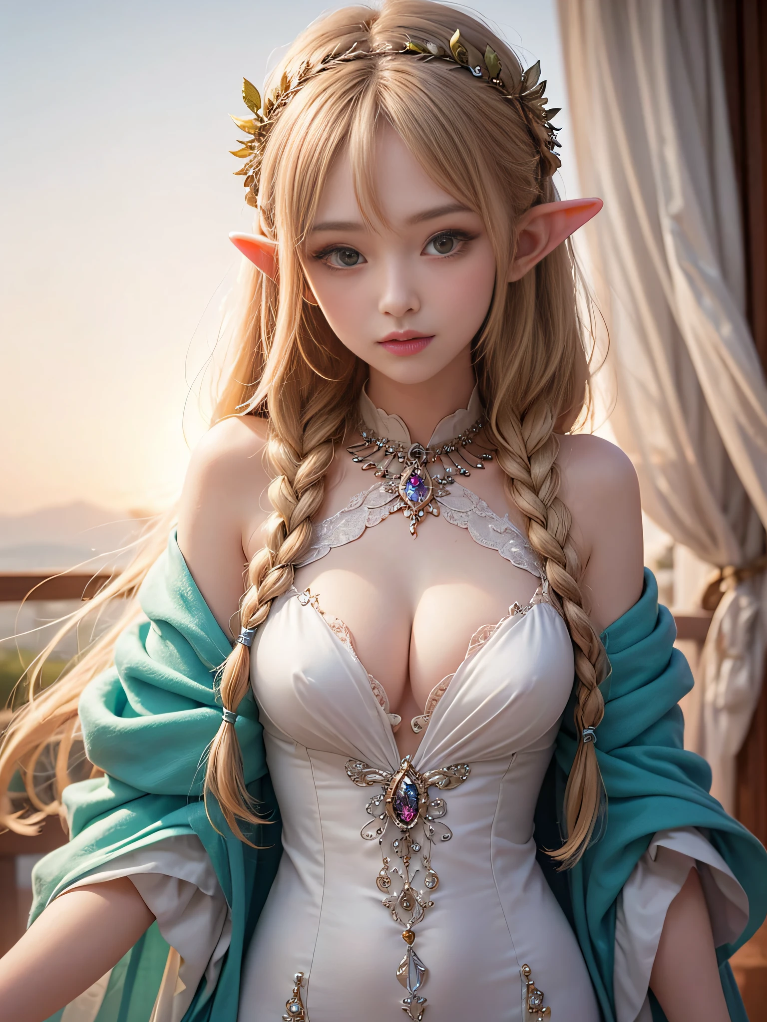 Graceful elven girl standing in meadow, Delicate face illuminated by the soft light of the setting sun. Her long, Flowing hair runs down your back, Decorated with intricate braids、Adorned with sparkling gemstones. This great photo is、、、It captures the ethereal beauty of elves. Slender figure in silk dress、Swaying in the soft steppe breeze. Attention to detail、Face that is、Face that is、Face that is、Face that is、It is evident in the intricate patterns of the dress and the subtle highlights of the luminescence. skin. The breathtaking portrayal of the elven girl is、、、、、Create an enchanting atmosphere、It invites the viewer to a magical world. transparent blonde hair,