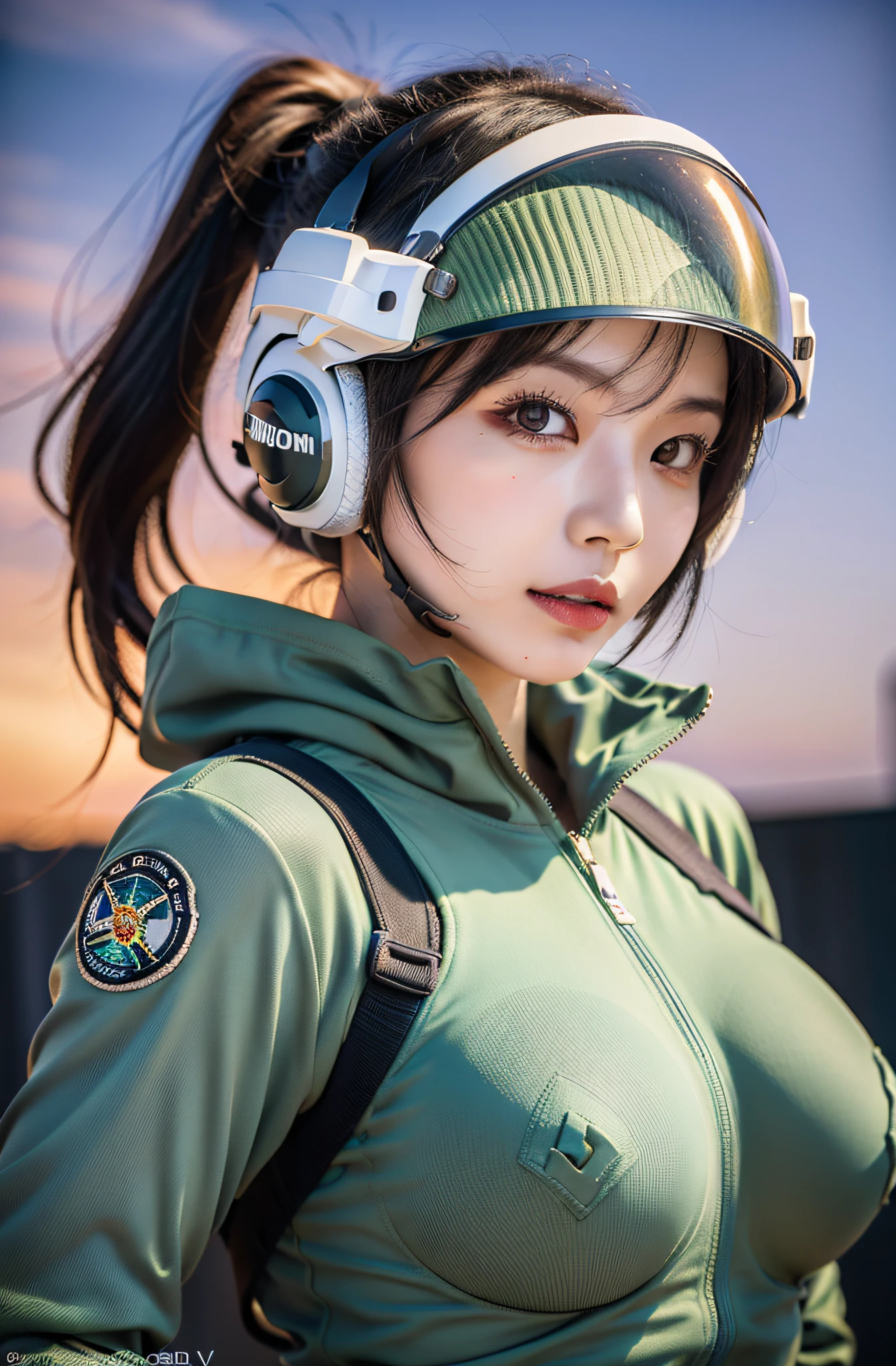 Exposed nipples、Air Force Pilot、Pose in front of a fighter、Photographed on the runway、there is a pilot'S helmet、look up sky。dark green flight suit、High exposure、Photorealistic images of solo idols, Morning Musume inspired by Eri Kamei, Radiates charm and beauty with plenty of bust and subtle exposure of cleavage. The image is、Must reflect a real person of the highest quality, Powered by Ultra-HD (16 K) resolution, crisp detail, Vivid colors, Dynamic Range, Soft bokeh, Fine texture, Realistic realism, Pin Sharp Focus. The camera setup is、Nikon D850 and NIKKOR Z 58mm Boobs Boobs Boobs Boobs F。/0.95 S Noct lens, The setting must be ISO 64, F/0.95, Shutter speed is 1/60. --ar 16:9 - V5.1 --Style raw --Q 2 --S 750