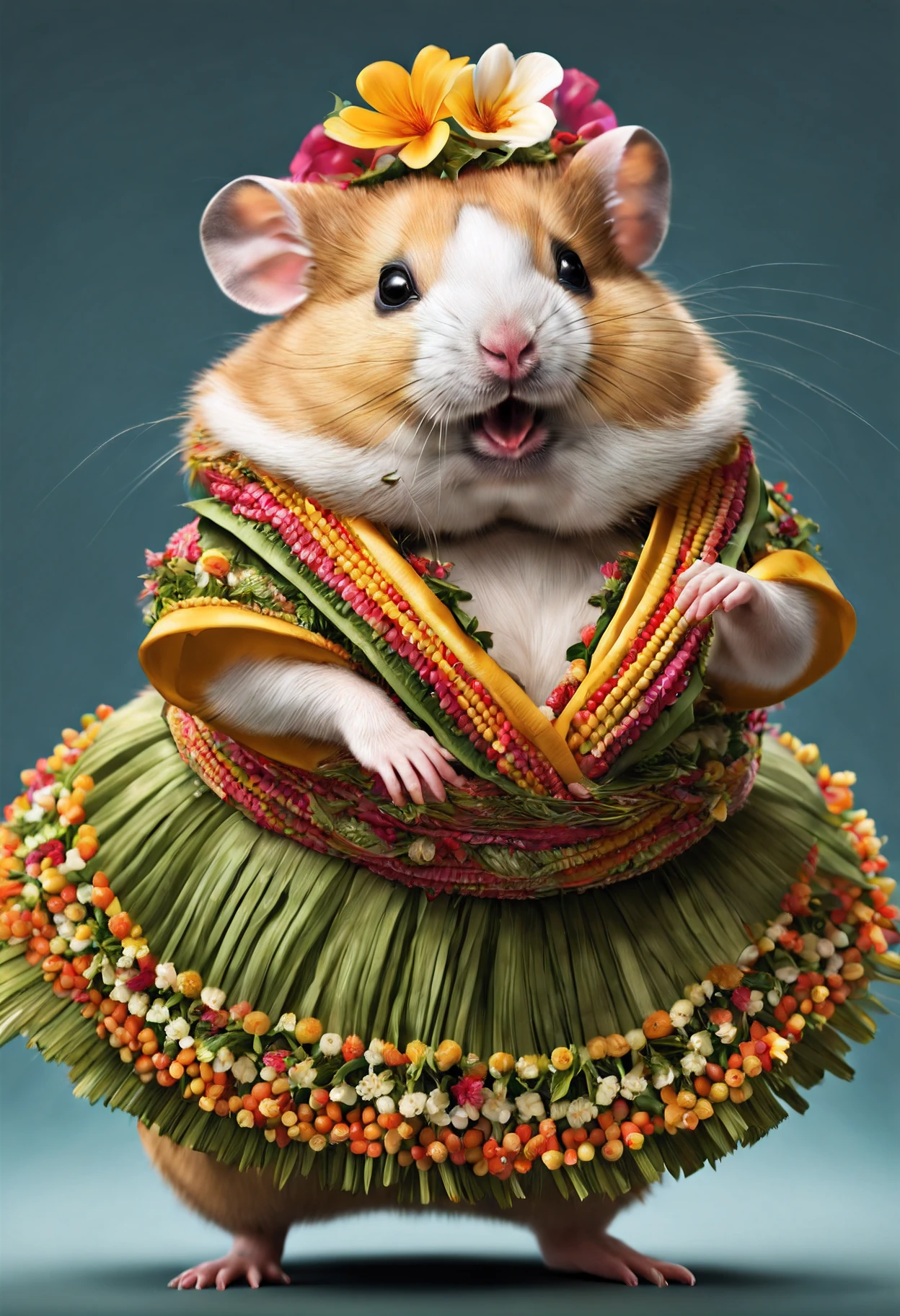 photorealistic portrait of Dressed animals - a fat hamster hula dancer,(dancing), high quality, intricate details highly detailed hula costume ,flower lay, studio lighting,(full body image:1.5)