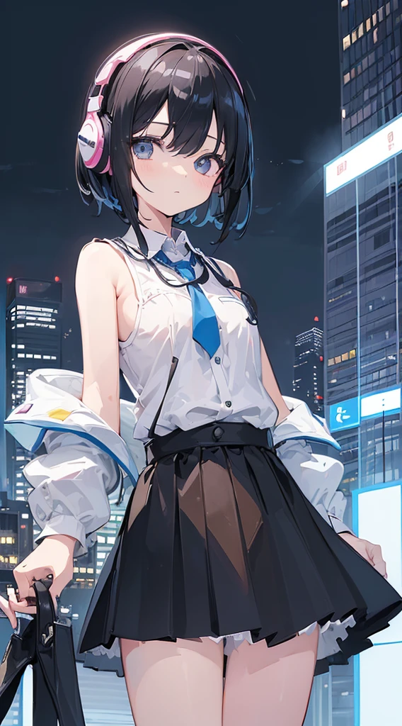 (Top quality illustrations:1.5)、(ultra-detailliert) 、(The background is the cityscape)、(e litrl s:1.0)、(女の子1人:1.0)、(Short black hair:1.0)、(School Uniforms:1.0)、(Waist to upper body:1.0)、17 age、Weheadphones、D-cups、