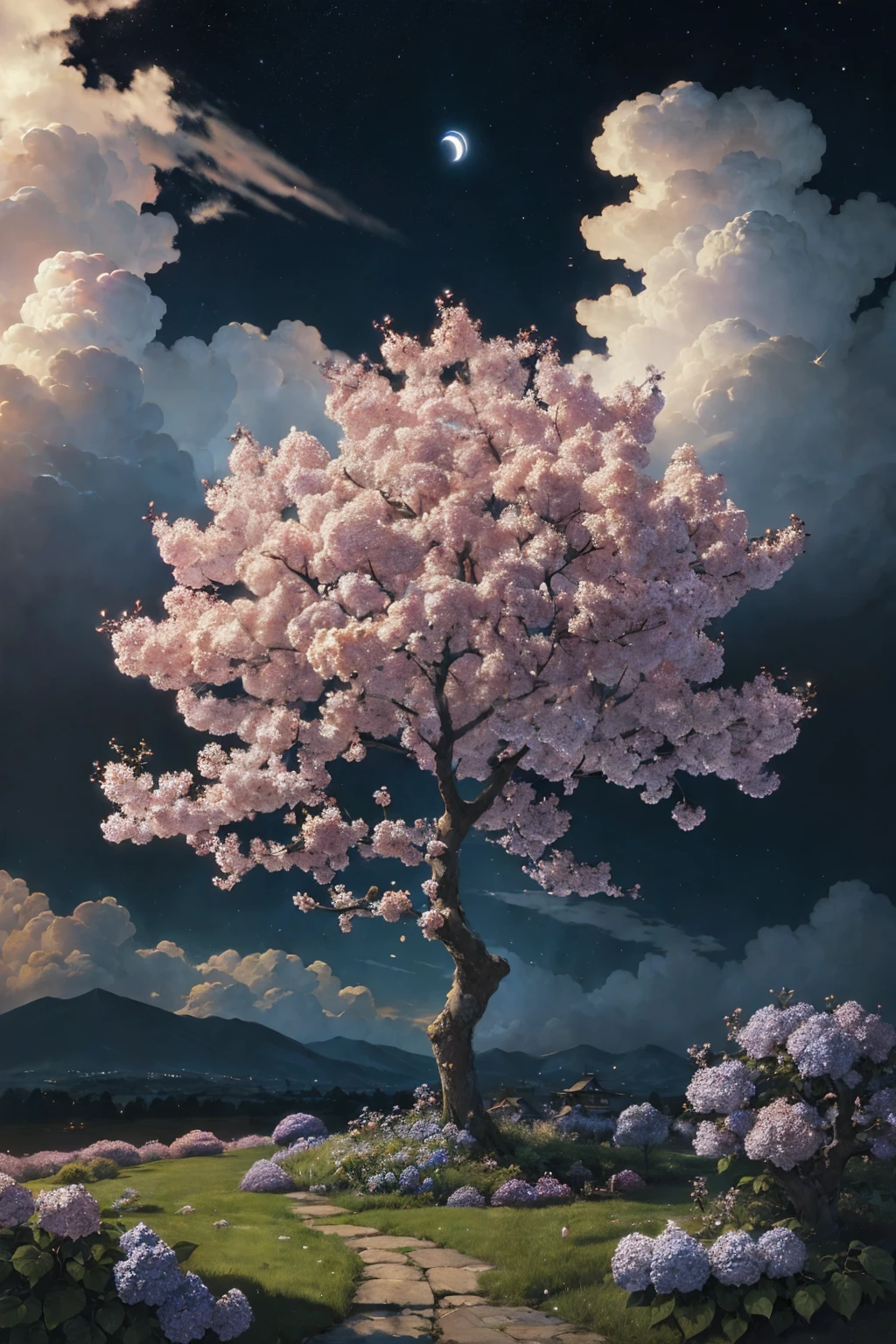 paint (strokes)+, atmosphere, intricate, clouds, aspect ratio 1:1, raytracing, Bokeh, smooth, (colorful), (detailed complex busy background: 0.8), hydrangea, repair drones, (night:1.4), Sharp Eyeliner, intricate details, hand on Chinese sword, beautiful, flat illustration, scenery, detail love, (ultra-detailed), day, photon mapping, ((intricate details)), ship wake, (The Peach Tree), crowd,