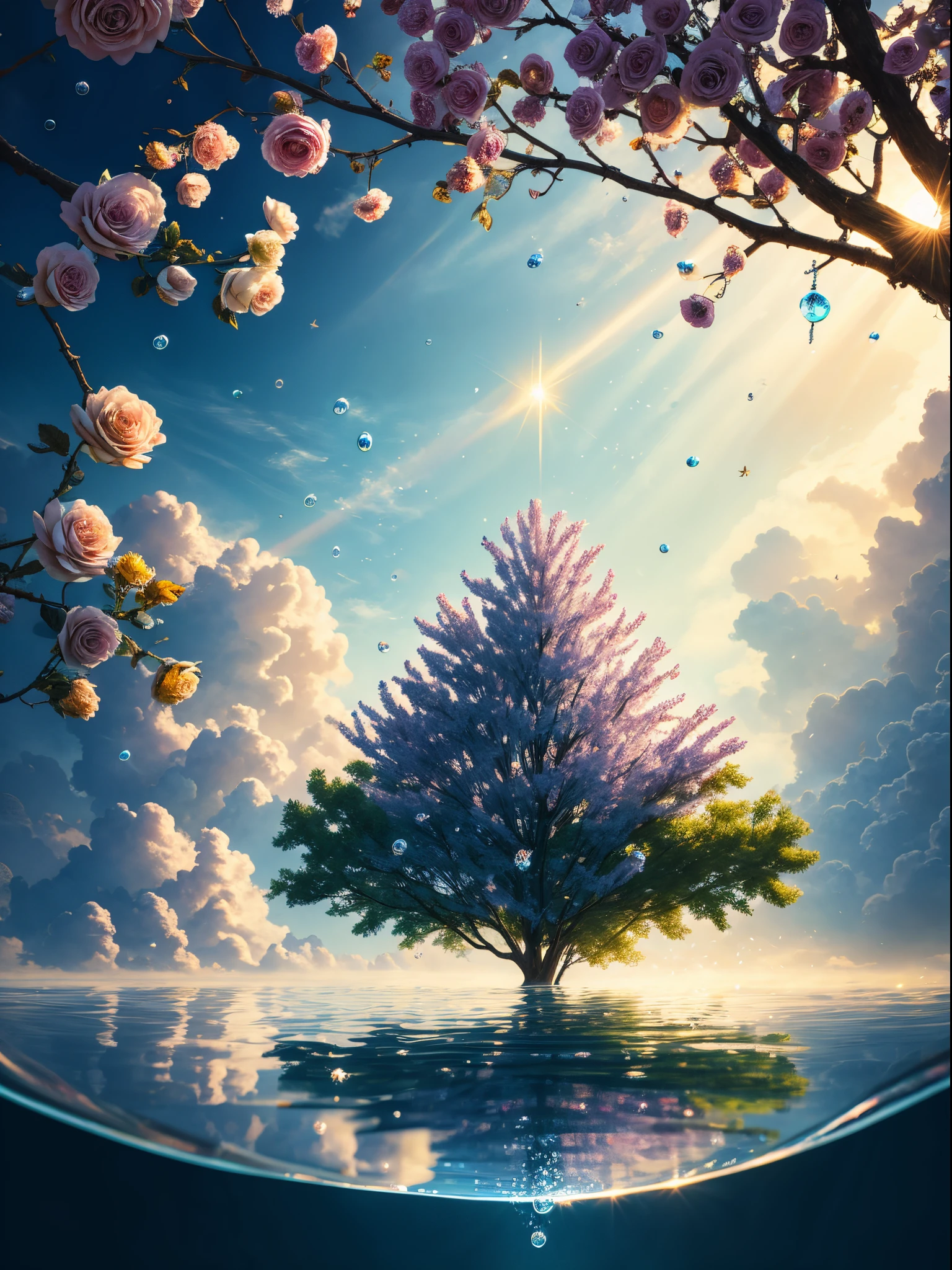 Delicate branches of roses, ultra-transparent, holy light, beautiful spectral light, petals glowing and shimmering, surrounded by light fog, transparent droplets, reflected light, bright, light flowing in, optics, portrait contours, sharp focus, magical, intricate, surreal, fantasy, composition, light, trends on artstation, pearls, water drops, patron god clouds of silver vapor, light blue leaves, corrosion enveloping ray family, 8k, ureal ar 23v4 uplight