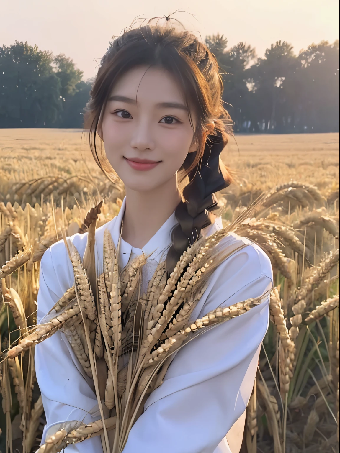 korean woman, (tmasterpiece, good guy, Contaminated smile), Virtual YouTube, Go to the countryside to do farm work, (are present (Cut the wheat: 1.4)), fertilize, weeding, plain face, and makeup, Country girl, pony tails, Detailed skin texture, Fabric texture is delicate, The face is delicate and delicate. tmasterpiece, Slim waist, Slim.
