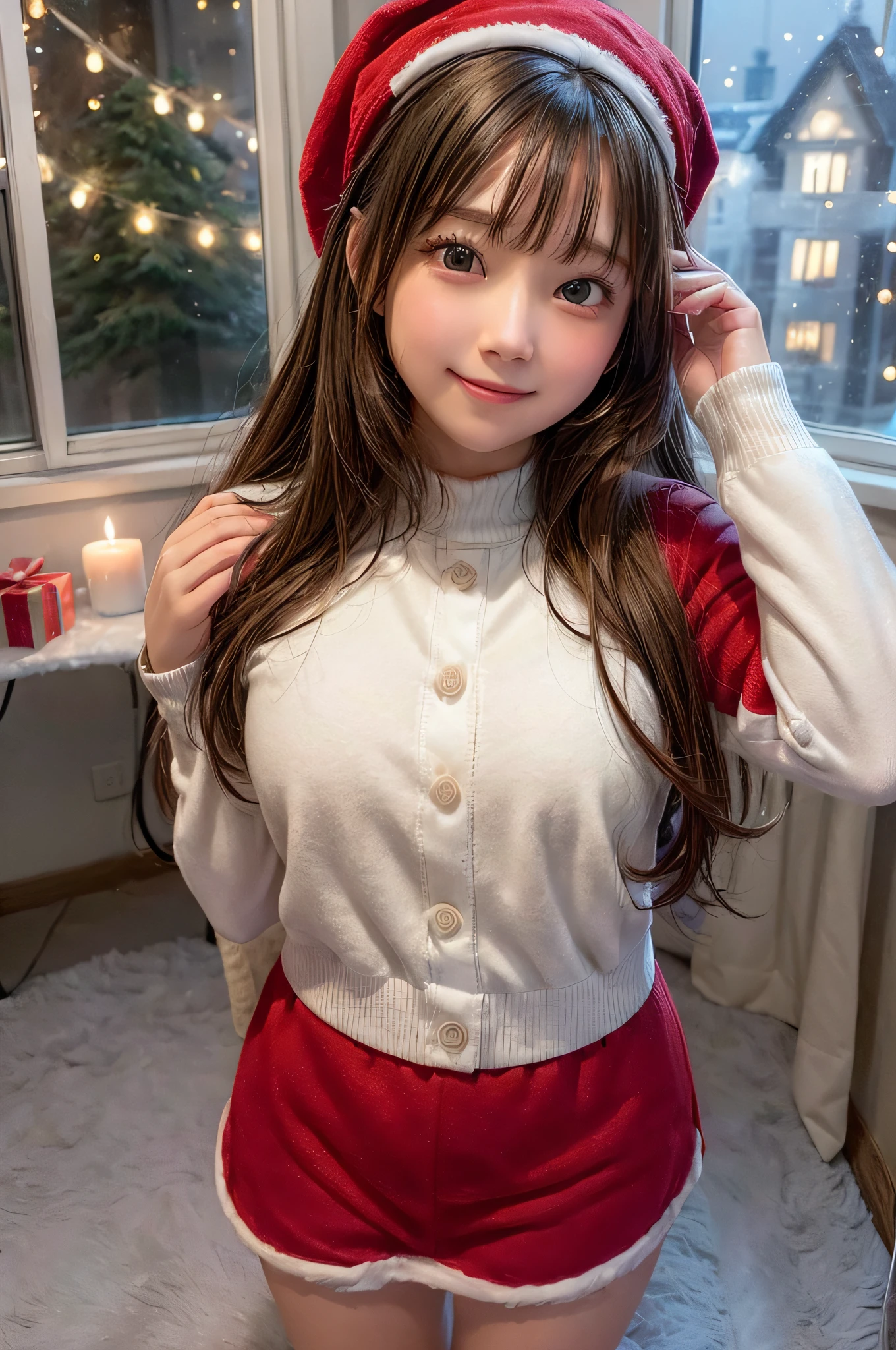 ((best quality, 8K, masterpiece)), ultra-detailed, (photorealistic), sharp focus, 1 cute girl, (small breasts), (white cropped sweater), ((red scarf)), ((checkered mini skirt)), (black high socks), ((coat)), highly detailed face and skin texture, ((detailed eyes)), ((beautiful eyes:1.2)), (smile:1.15), (twintails), city in winter