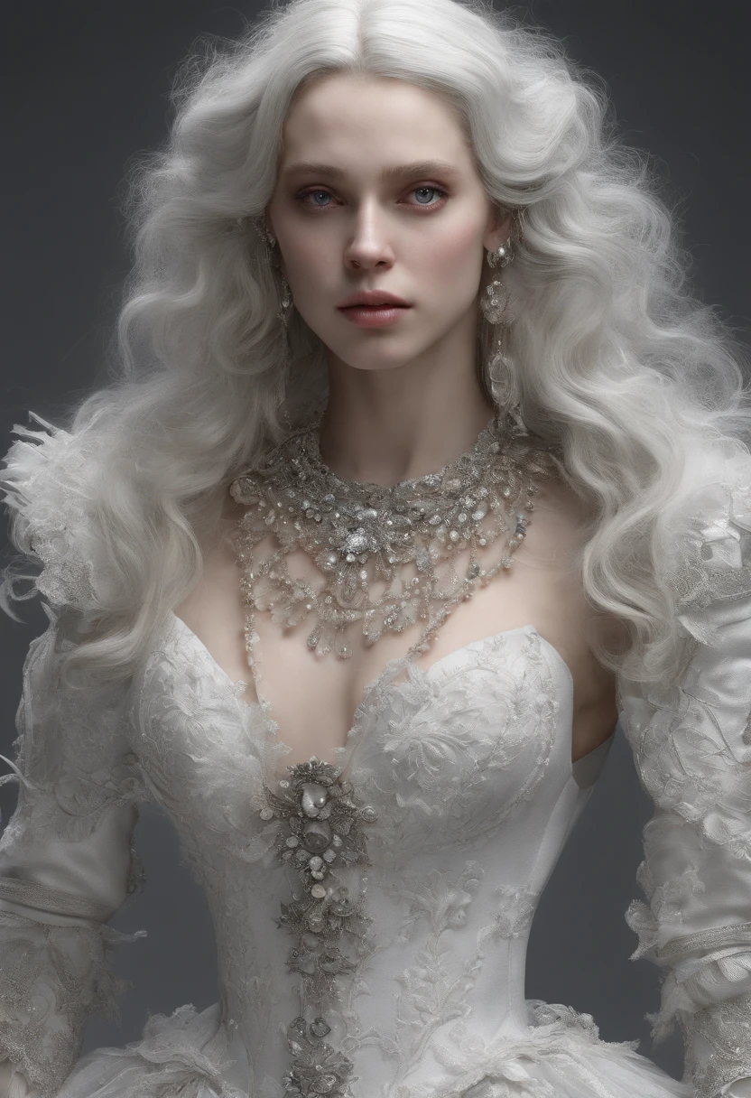 Incredibly detailed photography of a beautiful vampire, renaissance, Cheveux longs et blancs, yeux blancs complexes, Fantastique, ethereal, hyperdetailed, 32k resolution, dinamic lighting, nombril couvert, hyper detailed, intricate high detail, Tendances sur ArtStation, Costume de luxe blanc, volumeric lighting, BalenciagaStyle
