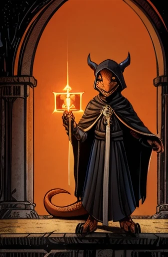 (((kobold)), bright orange skin, Orange scales, Wearing a black cape with a hood, well clothing, Tail,, Front view, Smiling awkwardly at the observer, Be red in the face, Holding Holy symbol, opinion, Detailed claws, standing,well dresssed