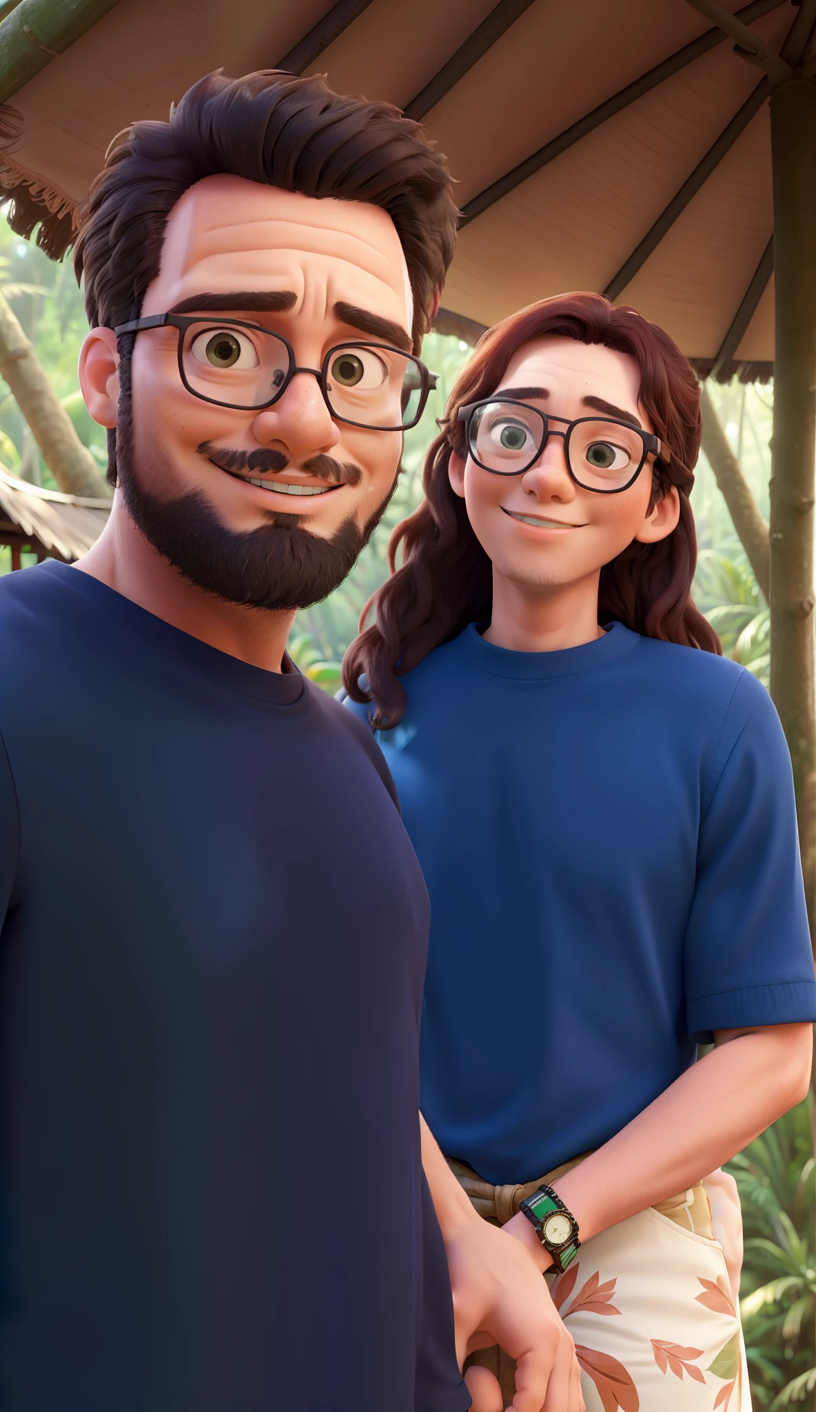 there is a man and woman standing together in a gazebo, lovely couple, connected with hanging bridge!!, photo taken with canon 5d, in front of a forest background, vacation photo, jungles in the background, taken in zoo, in jungle forest !!!, shot on nikon z9, by Max Dauthendey, couple, in jungle, with sunglass