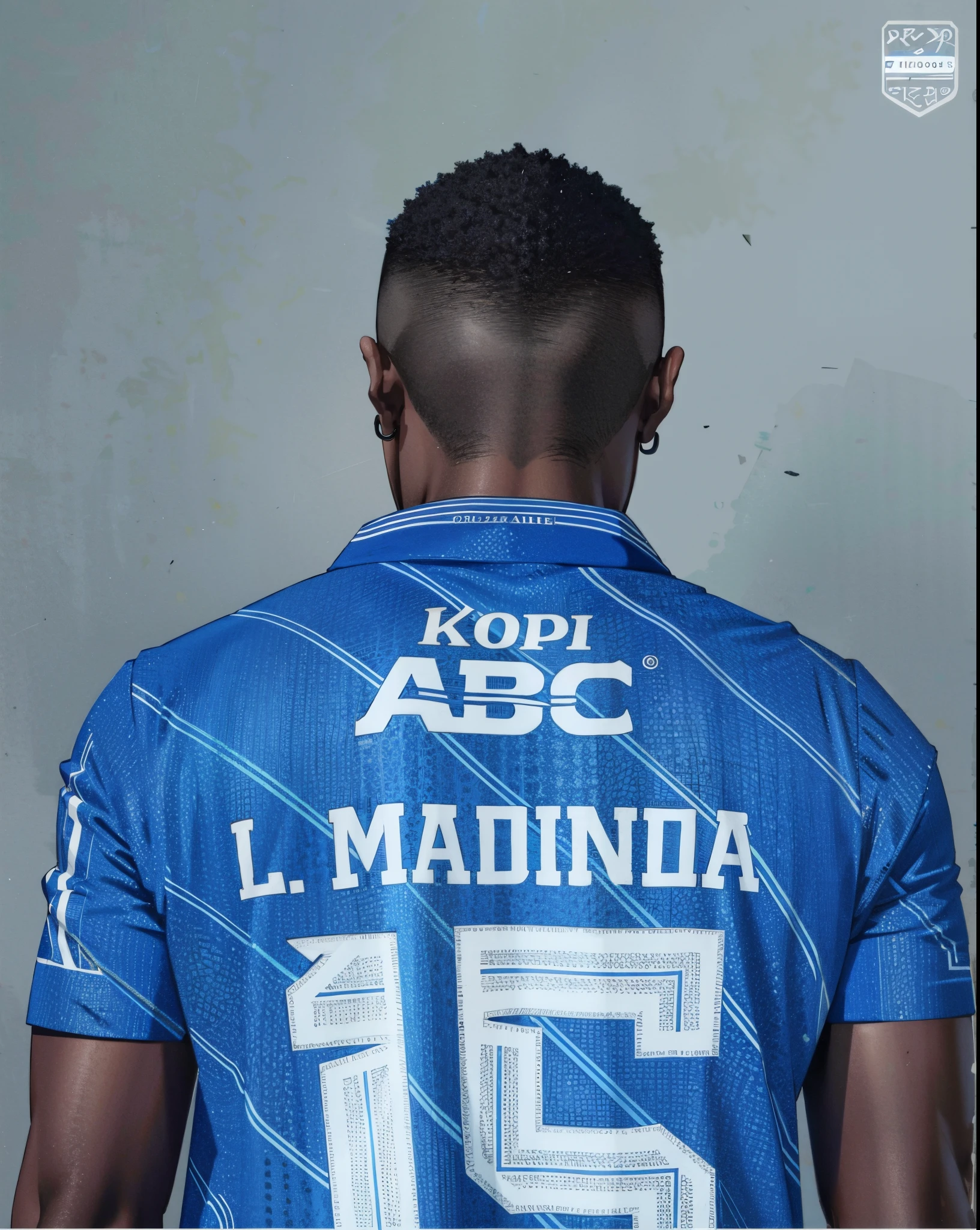 A footballer stands on the field, Turn your back to the camera，Wearing blue number 15 shirt