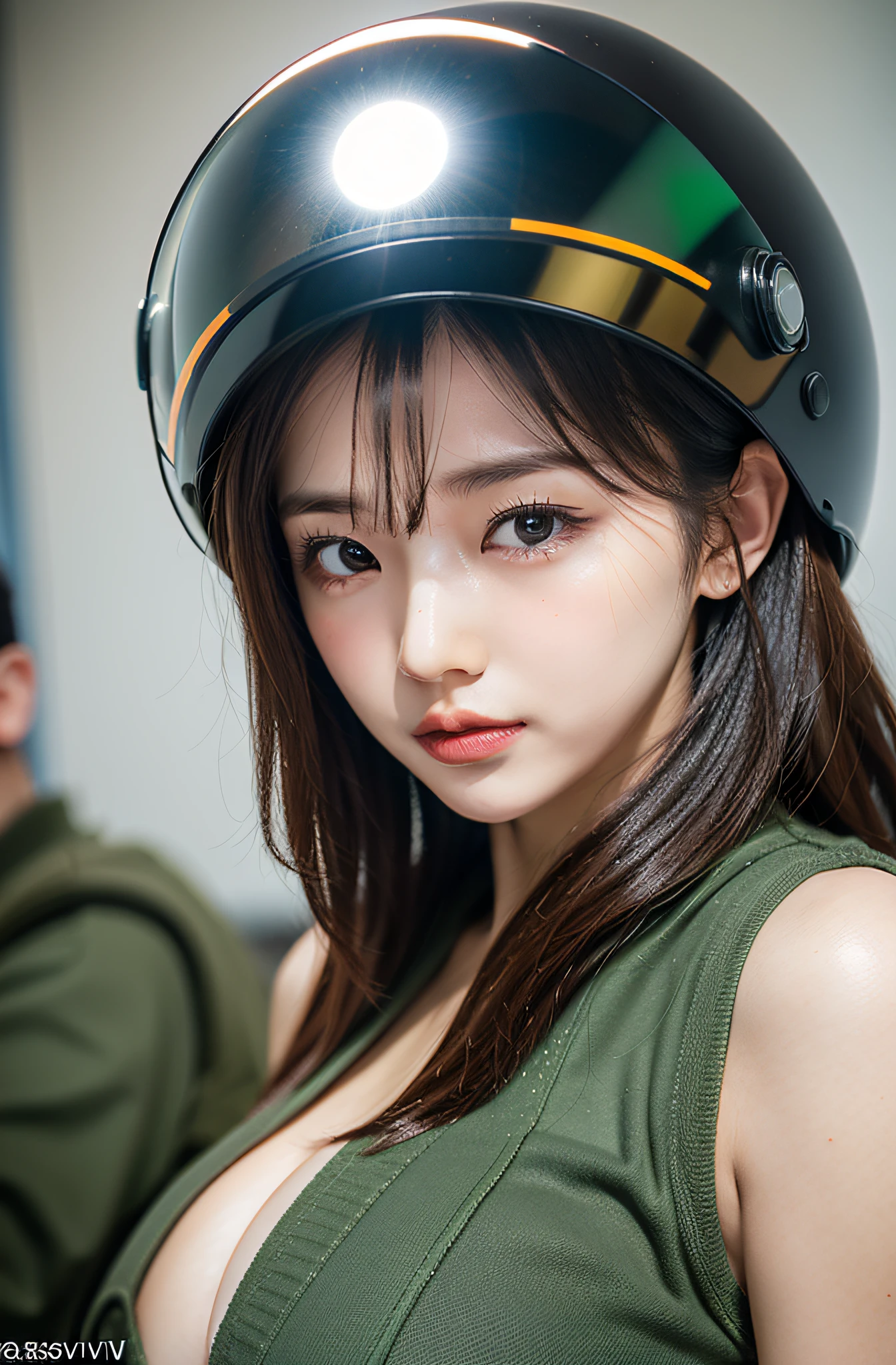 Exposed nipples、Air Force Pilot、Fighters、There is a runway pilot'S helmet、look up sky。dark green flight suit、High exposure、Photorealistic images of solo idols, Morning Musume inspired by Eri Kamei, Radiates charm and beauty with plenty of bust and subtle exposure of cleavage. The image is、Must reflect a real person of the highest quality, Powered by Ultra-HD (16 K) resolution, crisp detail, Vivid colors, Dynamic Range, Soft bokeh, Fine texture, Realistic realism, Pin Sharp Focus. The camera setup is、Nikon D850 and NIKKOR Z 58mm Boobs Boobs Boobs Boobs F。/0.95 S Noct lens, The setting must be ISO 64, F/0.95, Shutter speed is 1/60. --ar 16:9 - V5.1 --Style raw --Q 2 --S 750