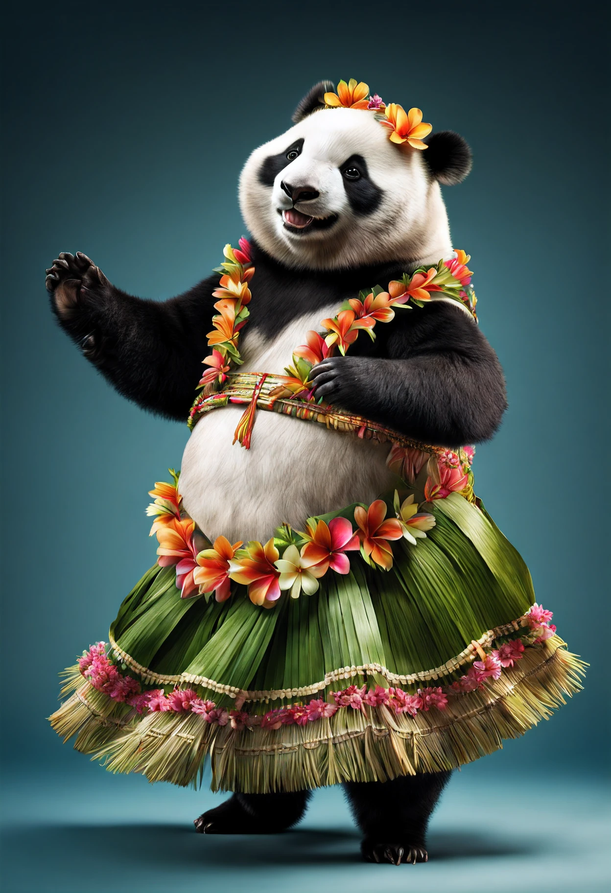 photorealistic portrait of Dressed animals - a fat panda hula dancer,(dancing), high quality,(lovely) intricate details highly detailed hula costume ,flower lay, studio lighting,(full body image:1.5)