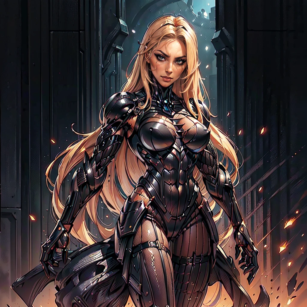 (madison_ivy, woman), dynamic pose, ((full body)), ((Black matte armor, )), (masterpiece, best quality), (detailed skin:1.3, detailed face:1.3), dslr,, ( Blond Hair, middle parting Hair, very_long_hair:1.2), Mascara, Eyeliner, High resolution, Ultra-pointu, 16k, Masterpiece, three sided view, seductive smile,