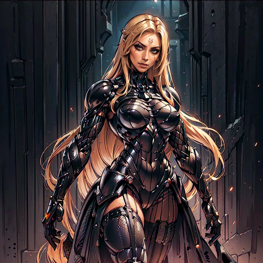 (N@t4_L33, woman), dynamic pose, ((close-up)), ((Black matte armor, )), (masterpiece, best quality), dslr,, ( Blond Hair, middle parting Hair, very_long_hair:1.2), Blue Eyes, Mascara, Eyeliner, High resolution, Ultra-pointu, 16k, Masterpiece, three sided view, smile,