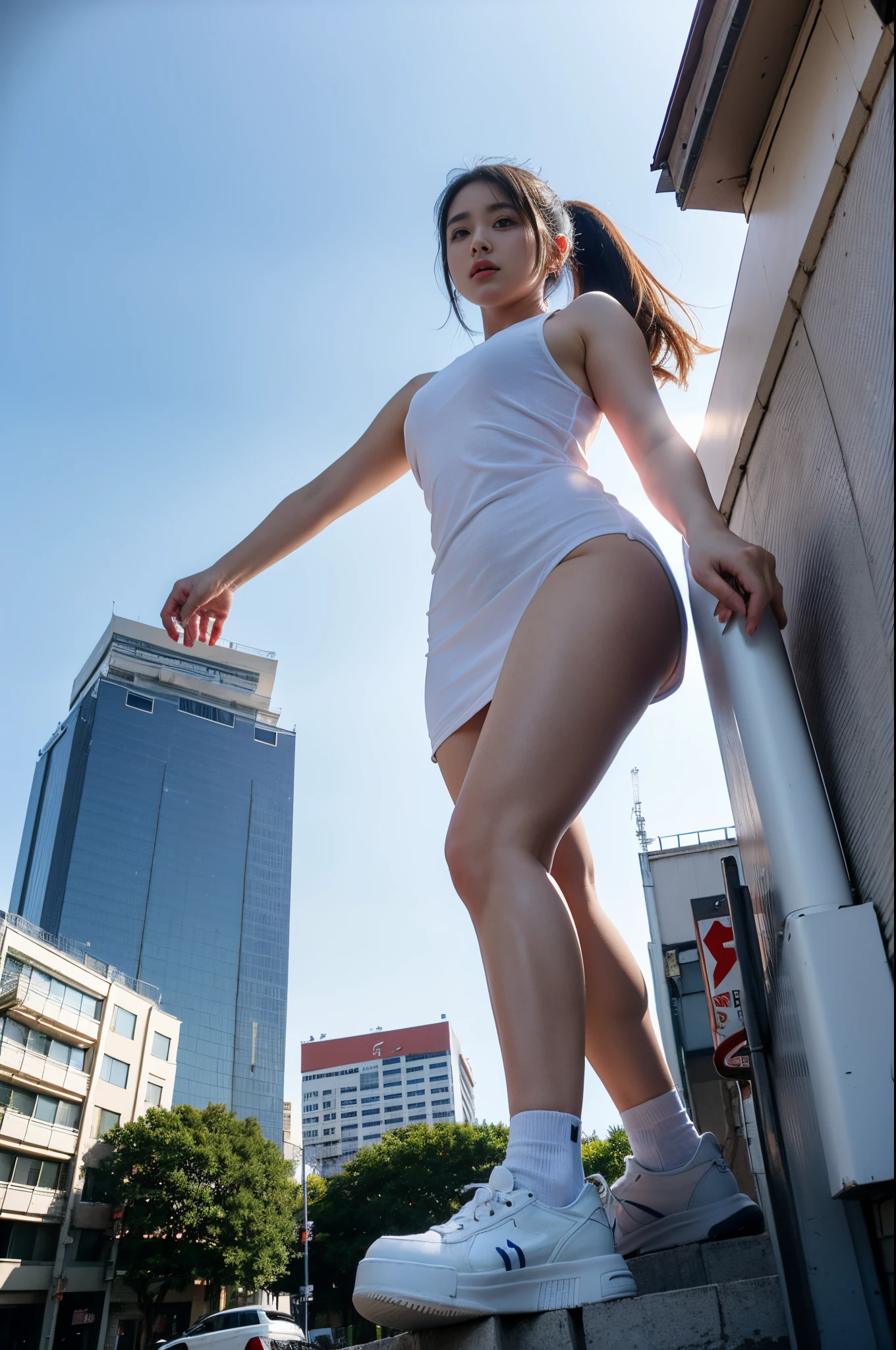 16k, High resolution, alta calidad, realista, 1 girl turned into a giant taller than buildings, (cuerpo completo: 1.1), frente, parado en la calle de Akihabara, entre edificios, Antecedentes detallados, desde abajo, Desde el suelo, Angle low, Ropa deportiva, (perspectiva: 1.5), heavy breathing, nariz sonrojada, frustration,