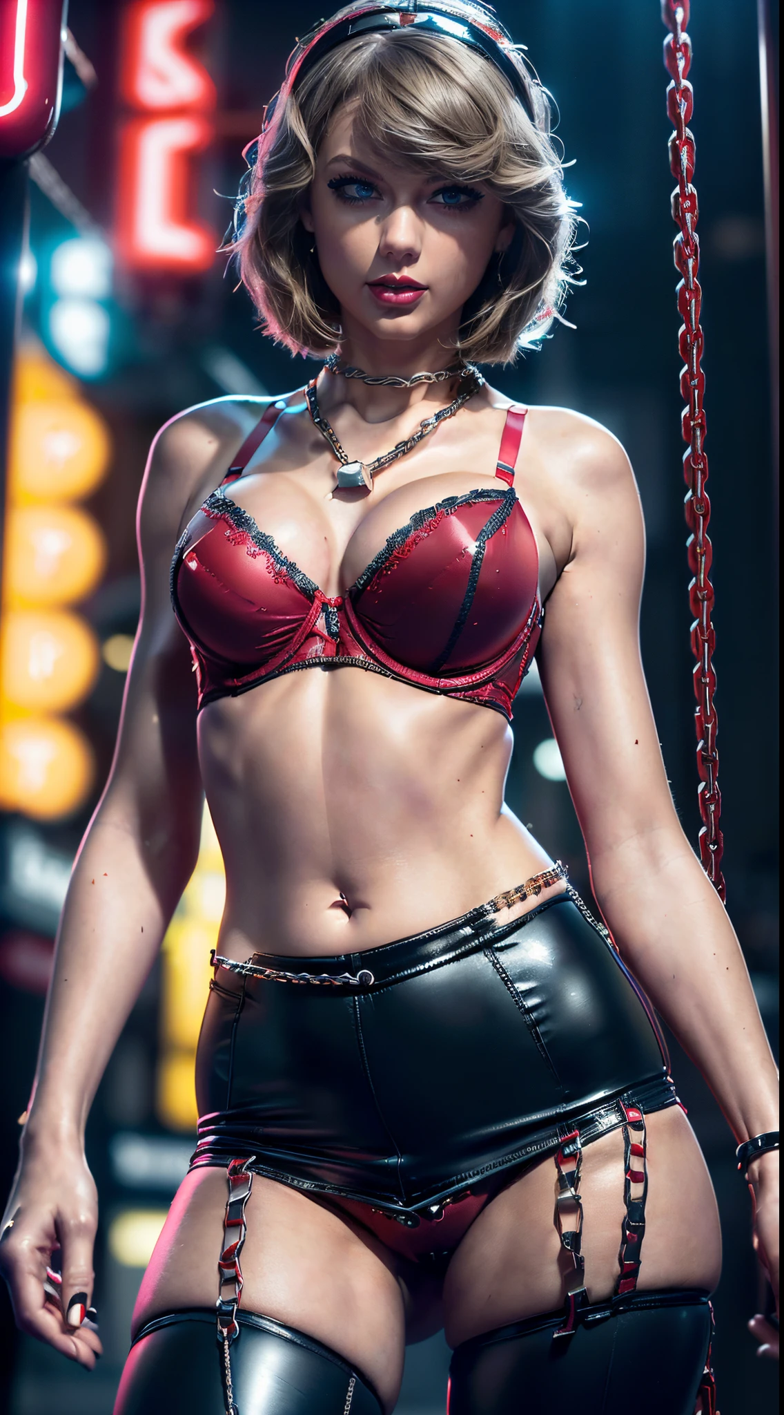 Taylor Swift (Obra maestra:1.3), Ultra detallado, ultra-high-resolution, (realista, Foto realista:1.37), Foto en color RAW de alto detalle, cinematiclight, Destello de lente, profesional photography, (proporciones perfectas), (Anatomically correct), ((Ver el visor)), (hombros expuestos), Una foto de ((Taylor Swift, 28 years old)), con cuerpo perfecto, Rostro muy delicado y ojos detallados, (light brown short hair:1.5), (maquillaje ligero:1.5, (red lipstik:1.8), delineador), (pechos llenos:1.5), Pale skin, ((Taylor Swift)), ((Dressed in a slave  with chains:1.68)), ((Correa de cadena:1.51)), ((pechos cubiertos por una cota de malla :1.5)), ((Blanco, :  pants, Ultra Detailed Layered Chain Pant)), (cintura estrecha:1.2), (mediano), ((Blanquea la piel, cara delgada)), vientre delgado: 1.2, (muy delgado, Cuerpo bien musculado:1.32), ((Cara ultra detallada)), The attention to detail, 二重まぶた, (:1.5), Smile of satisfaction, Gorgeous appearance, Aspecto electrizante, ((Disparo de vaquero)), (dynamic  pose: 1.3), ((Noche de la ciudad), (neon sign), (Noche), andante), (Taylor Swift:1.4)