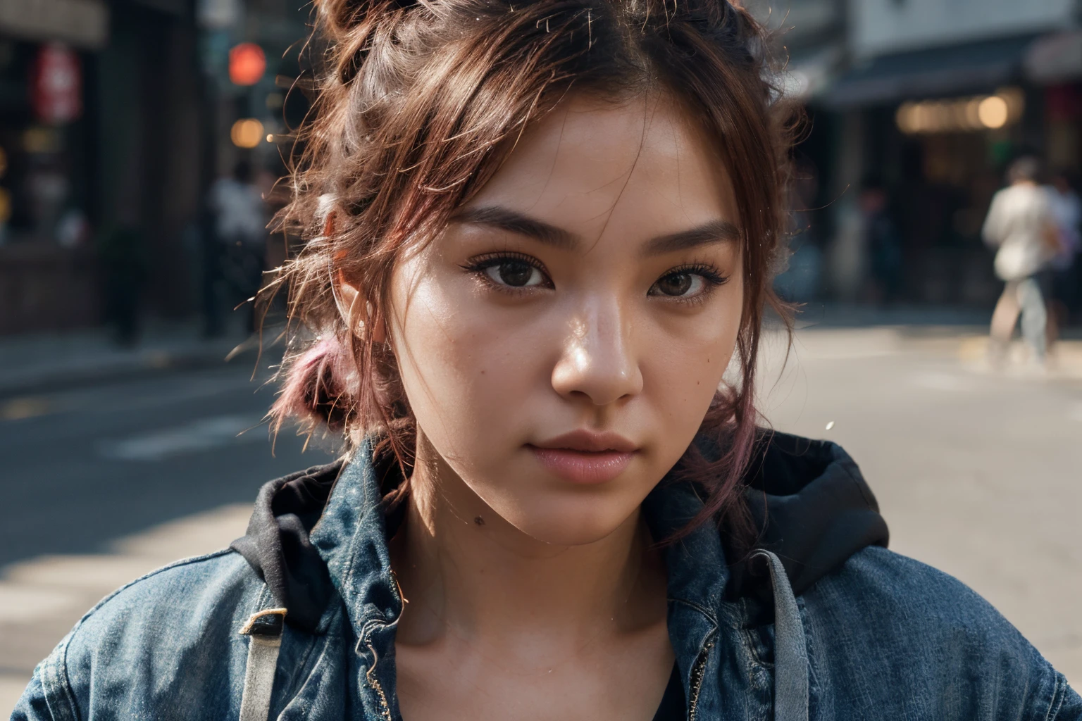 beautiful korean model with pink hair using black tank top with denim jacket, detail face, she have a very bright eyes, realistic face, detail face, realistic skin, skin pore, vibrant, dramatic lighting, 8k resolution picture, high detail on the photo, very realistic picture, dramatic lighting, fullbody, depth, shadow, dramatic shadow, one of a kind photo, sharp photo, sharpness on the detail, looking at the camera, half body view, (((Best Quality, masutepiece: 1.3)), long hair, ultra high res. photorealistic:.1.4, street background, cinematic lighting, bloom, film grain, Fujicolor, high quality, masterpiece, 8K, UHD, UHD, retina, textured skin, super detail, high details, highres, 16k resolution, award winning, high quality, high details, super detail, messy bun hair