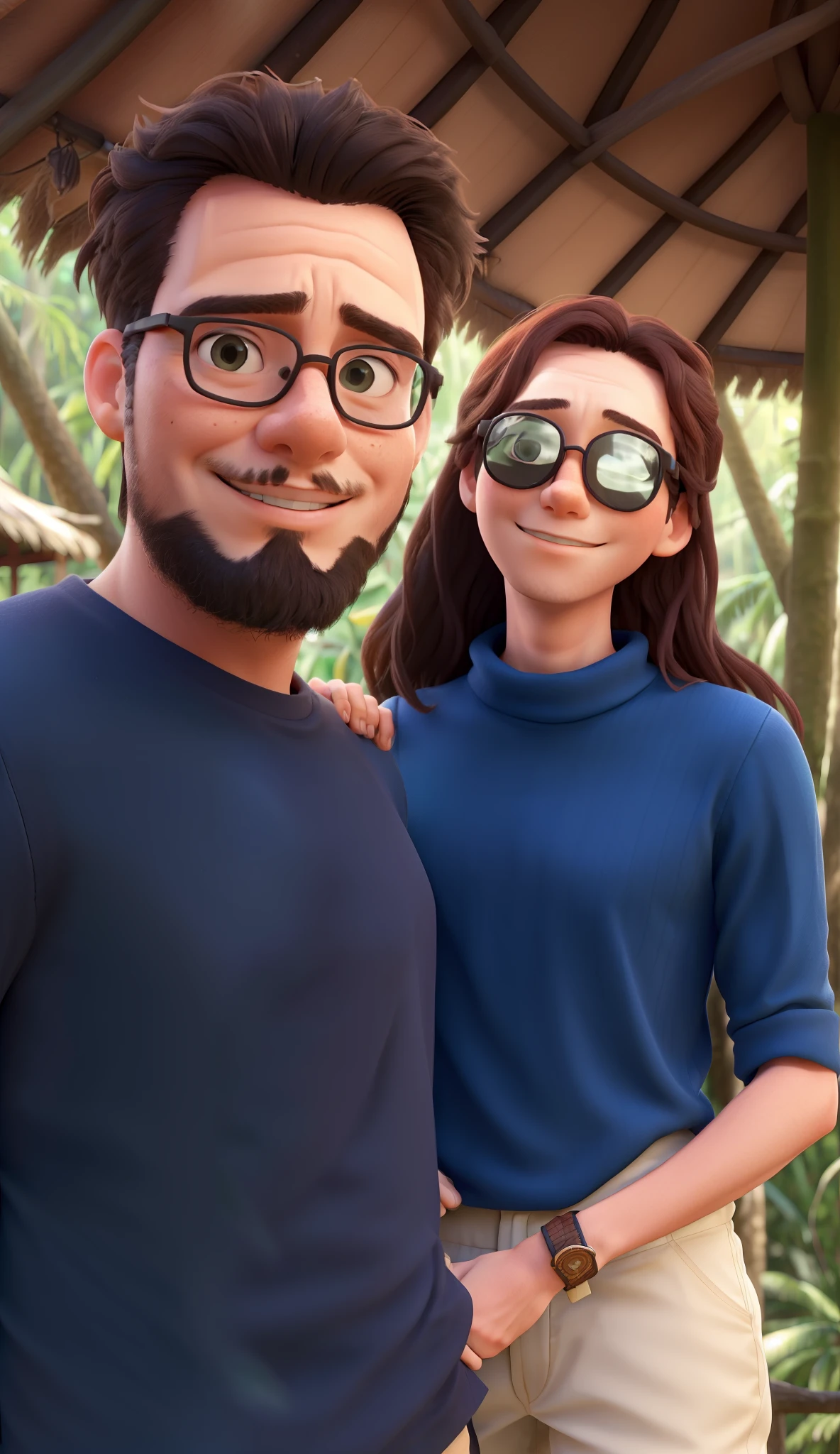 there is a man and woman standing together in a gazebo, lovely couple, connected with hanging bridge!!, photo taken with canon 5d, in front of a forest background, vacation photo, jungles in the background, taken in zoo, in jungle forest !!!, shot on nikon z9, by Max Dauthendey, couple, in jungle, with sunglass