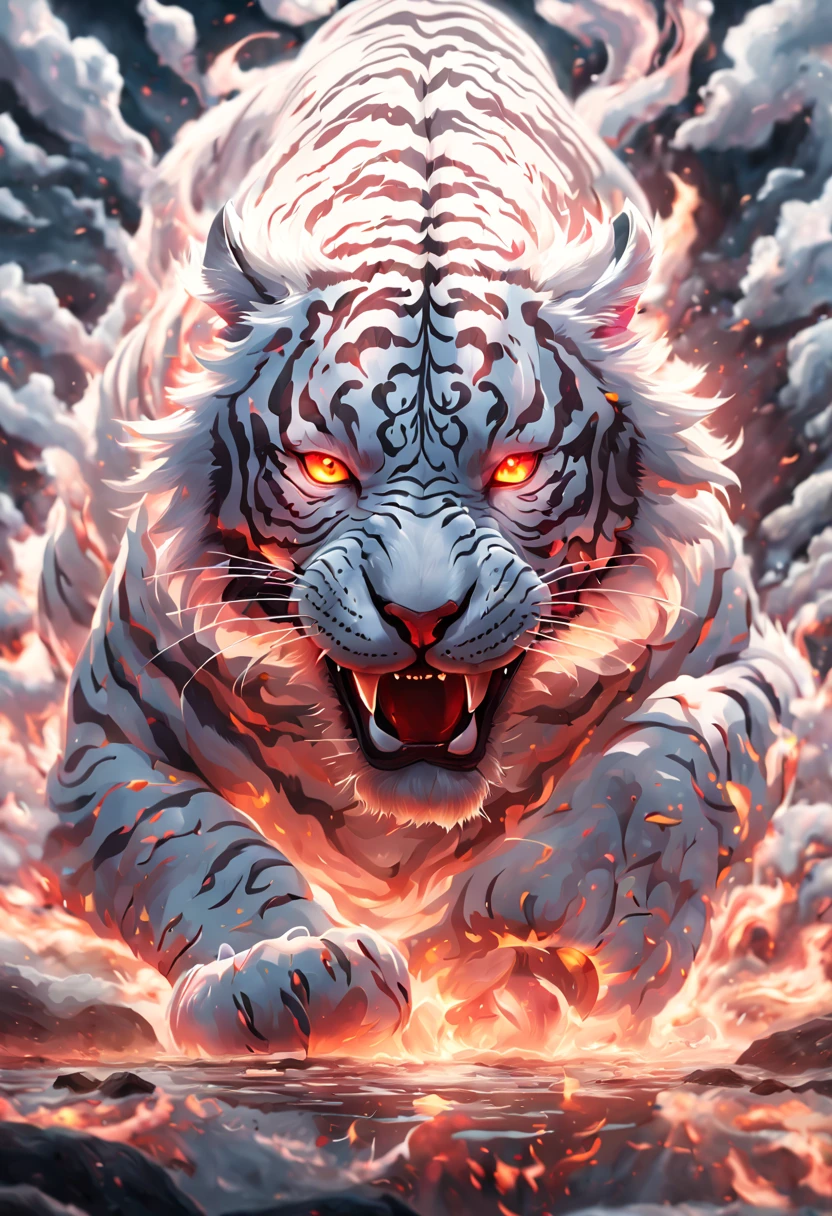 ultra realistic art,BJ_Sacred_beast,looking at viewert,with her mouth open,red eyes,without humans,with light glowing,critters,bucktooth,firey,fire element,glowing light eyes,blasts,the white tiger,ember,molten lava,电影灯光,Strong contrast,High level of detail,best qualityer,tmasterpiece,Extremely high-resolution details,photography of,Realism pushed to the limit,The texture is delicate,true to life,Very high resolution detail,Like photography,Realism pushed to the limit,The texture is delicate,true to life