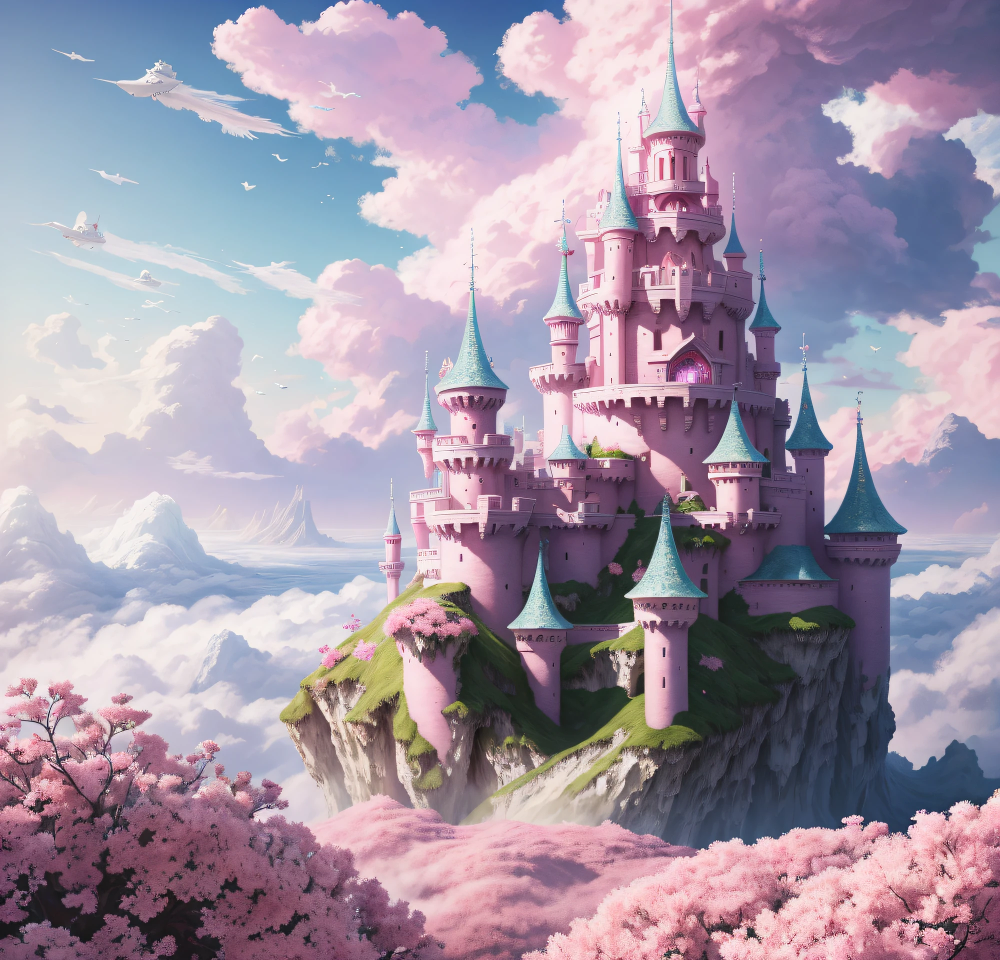 there is a ship in the middle of a sea of pink flowers, 4k highly detailed digital art, detailed fantasy digital art, beautiful detailed fantasy, cloud palace, flying cloud castle, beautiful digital artwork, in the white clouds fairyland, in white clouds fairyland, fantasy highly detailed, floating city on clouds, very beautiful digital art, surreal frozen landscape, detailed dreamscape