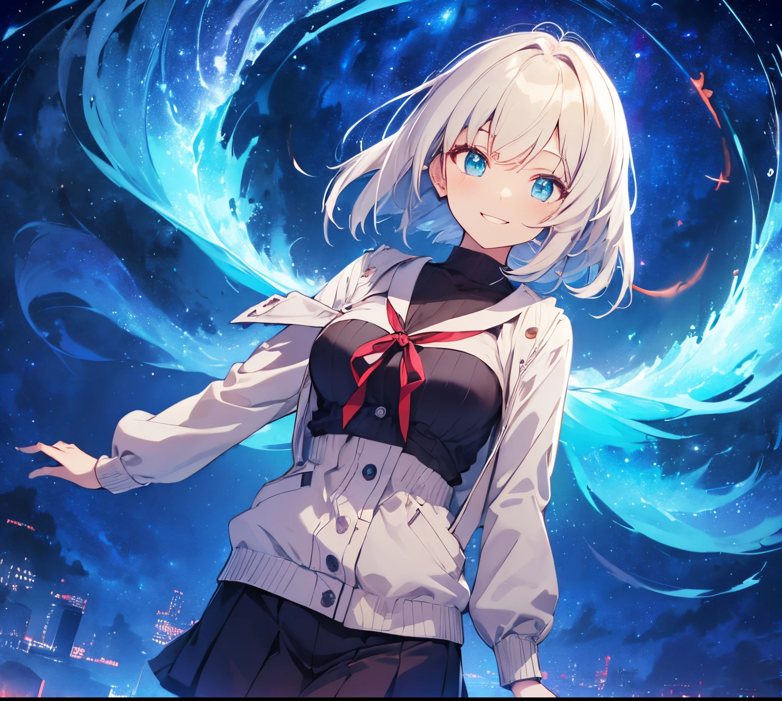 (masutepiece:1.2, Best Quality),(night sky background:1.7),high school girl,turquoise eyes, smile elegantly,