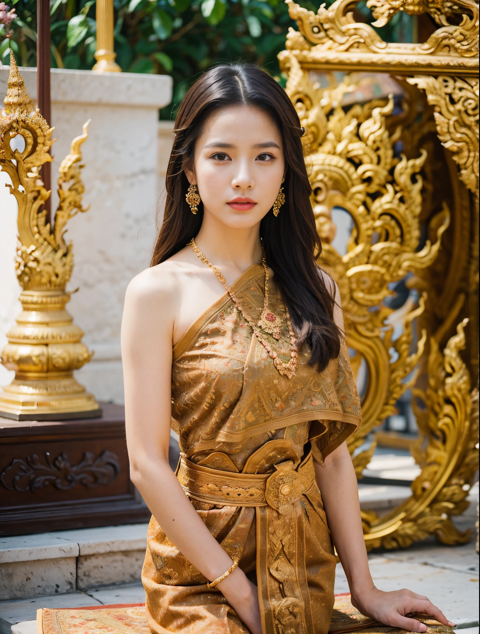 (10,masterpiece,There's nothing wrong with it..., Realistic :1.3), bestquality, portrait , Realistic, face focus, 1 woman, brown long hair, Traditional Thai costumes , ( comfortable:1.2), temple background, (breeze:1.2),(sun lighting:1.2)