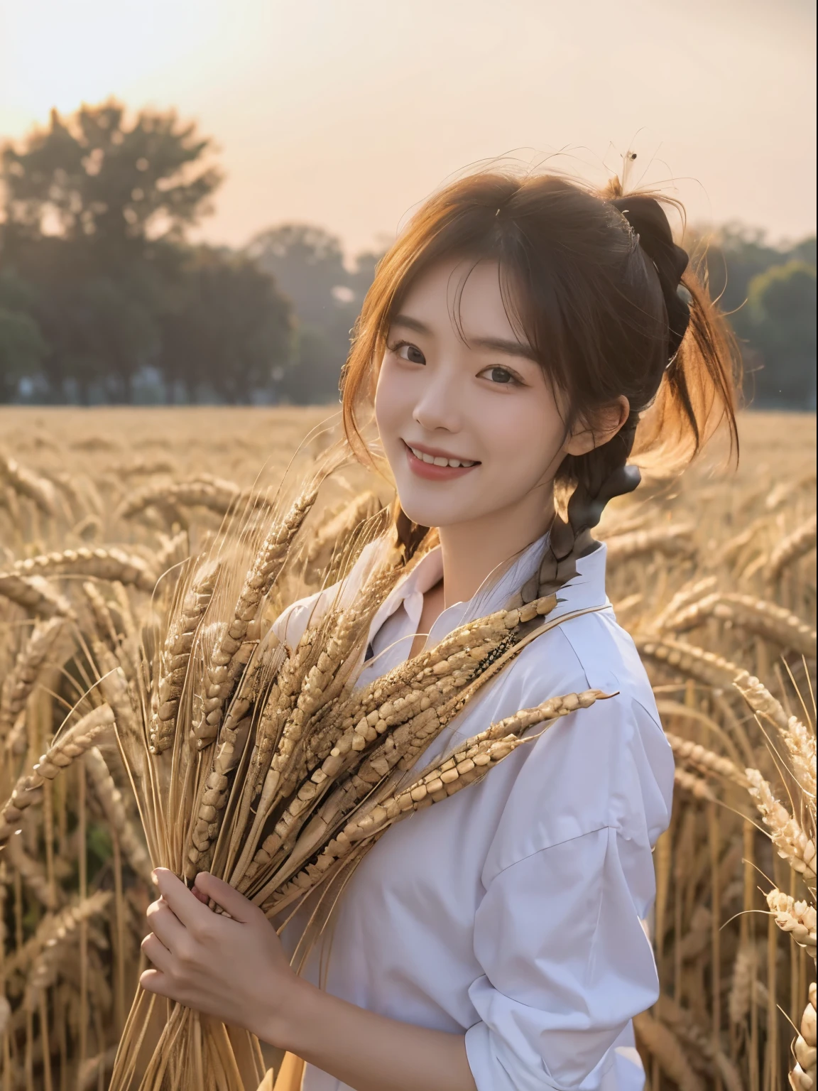 korean woman, (tmasterpiece, good boy, Contaminated smile), Virtual YouTube, Go to the countryside to do farm work, (are present (Cut the wheat: 1.4)), fertilize, weeding, plain face, and makeup, Country girl, pony tails, Detailed skin texture, The texture of the fabric is delicate, The face is delicate and delicate. tmasterpiece, a slender waist, Slim.