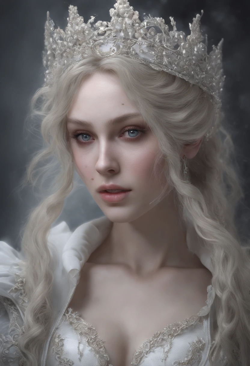 Incredibly detailed photography of a beautiful vampire, renaissance, Cheveux longs et blancs, yeux blancs complexes, Fantastique, ethereal, hyperdetailed, 32k resolution, dinamic lighting, nombril couvert, hyper detailed, intricate high detail, Tendances sur ArtStation, Costume de luxe blanc, volumeric lighting, BalenciagaStyle, short hair,