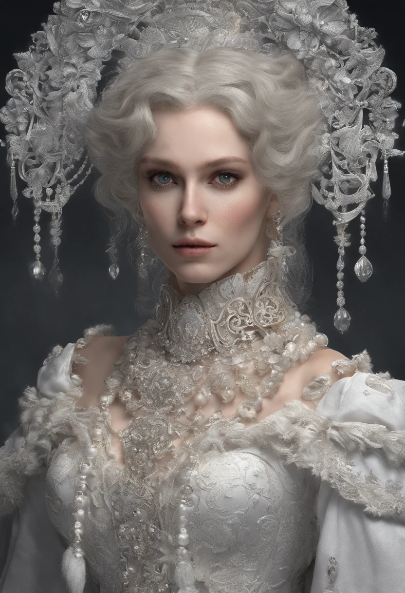 Incredibly detailed photography of a beautiful vampire, renaissance, Cheveux longs et blancs, yeux blancs complexes, Fantastique, ethereal, hyperdetailed, 32k resolution, dinamic lighting, nombril couvert, hyper detailed, intricate high detail, Tendances sur ArtStation, Costume de luxe blanc, volumeric lighting, BalenciagaStyle, short hair,