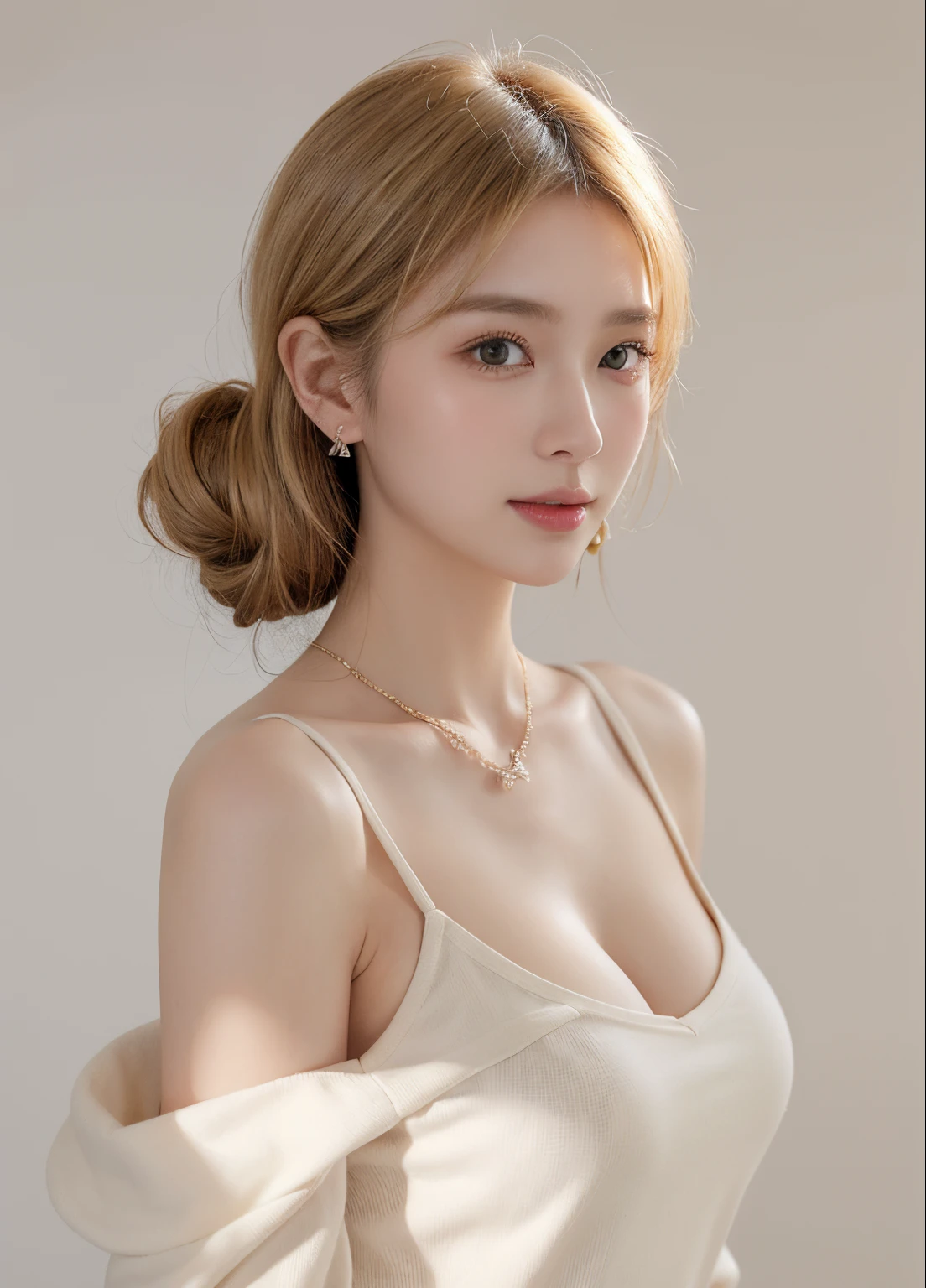 1 girl, NSFW, (White background), ((8K, RAW, Masterpiece: 1.4)), (Professional Photoshoot, sharp:1.2), ((Portrait shot)), Perfect dynamic composition, (Natural sunlight), (Soft Shadow), (Perfect body:1.4, Slim abs:1.2), ((Random Women Hairstyle:1.2, Huge breast:1.1)), Medium long hai, Ultra detail face and skin, Perfect Asian, white skin, (Detailed skin:1.3),(Latex skin:0.4), (Perfect Glossy Skin:0.6), Ai Shiramori, colleague student, 27-year-old, Fashion Model, (sexy casual wears), showing cleavage, blonde hair, light brown eyes, beautiful eyes, round eyes, pretty face, Blushing face, glossy lips, high nose bridge, lustrous eyes, a face of perfect proportion, realistic humid skin, Exquisite Expression, lightly smile to the camera, Looking at camera, exquisite expression, elegance necklace, elegance earrings, minimalist, walking