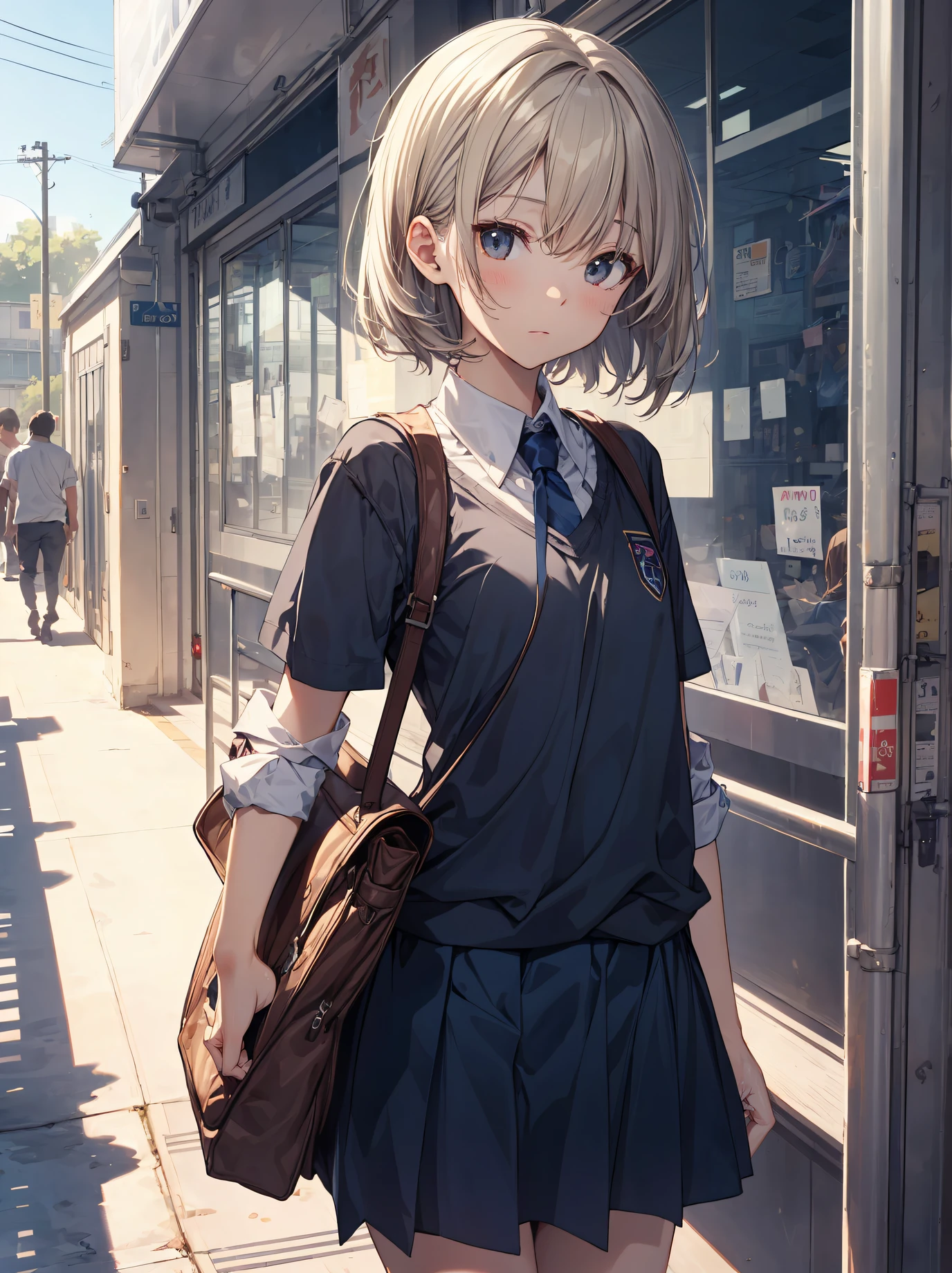 God quality, anime moe artstyle,best anime 8k konachan wallpaper,badass anime 8k,perfect anatomy, (Please draw a girl walking sleepily to school. ),break, 1girl, (Solo,Loli,child,13-year-old:1.3),a junior high school student, androgynous charm, (Very Short hair),messy hair, Full limbs, complete fingers,flat chest, Small butt, groin, Small eyes,finely detailed beautiful black eyes,disgusted eyes, school Uniform, in the School commute route. break,ultra-detailed,high resolution,super detailed skin, professional lighting,8k eye details, (cool illustration:1.2),