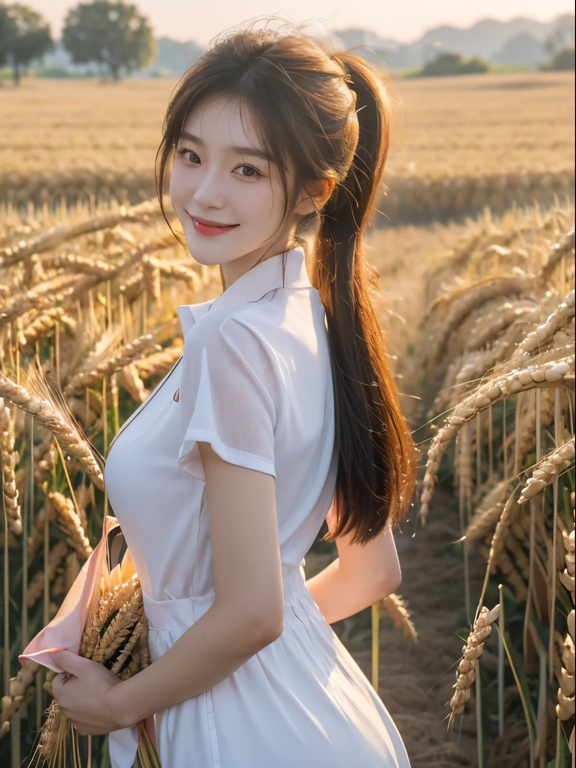 korean woman, (tmasterpiece, Good boy, Contaminated smile), Virtual YouTube, Go to the countryside to do farm work, (are present (Cut the wheat: 1.4)), fertilize, weeding, plain face, and makeup, Country girl, pony tails, Detailed skin texture, The texture of the fabric is delicate, The face is delicate and delicate. tmasterpiece, Slim waist, Slim.