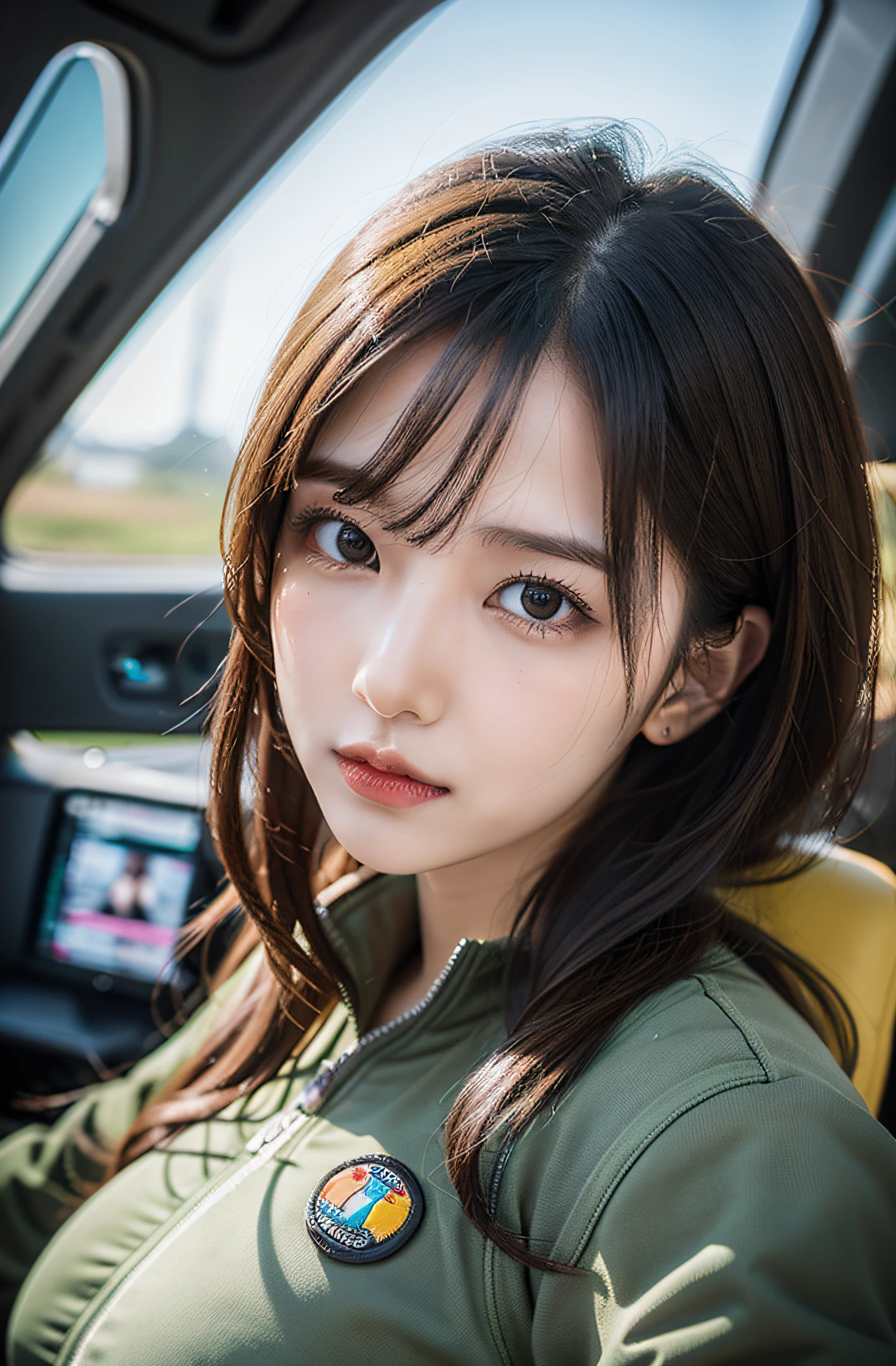 Planes、Mission briefing in the cockpit、Exposed nipples、Air Force Pilot、There&#39;Mr. Pilot&#39;S helmet、look up sky。dark green flight suit、High exposure、Photorealistic images of solo idols, Morning Musume inspired by Eri Kamei, Radiates charm and beauty with plenty of bust and subtle exposure of cleavage. The image is、Must reflect a real person of the highest quality, Powered by Ultra-HD (16 K) resolution, crisp detail, Vivid colors, Dynamic Range, Soft bokeh, Fine texture, Realistic realism, Pin Sharp Focus. The camera setup is、Nikon D850 and NIKKOR Z 58mm Boobs Boobs Boobs Boobs F。/0.95 S Noct lens,  The setting must be ISO 64, F/0.95, Shutter speed is 1/60. --ar 16:9 - V5.1 --Style raw --Q 2 --S 750